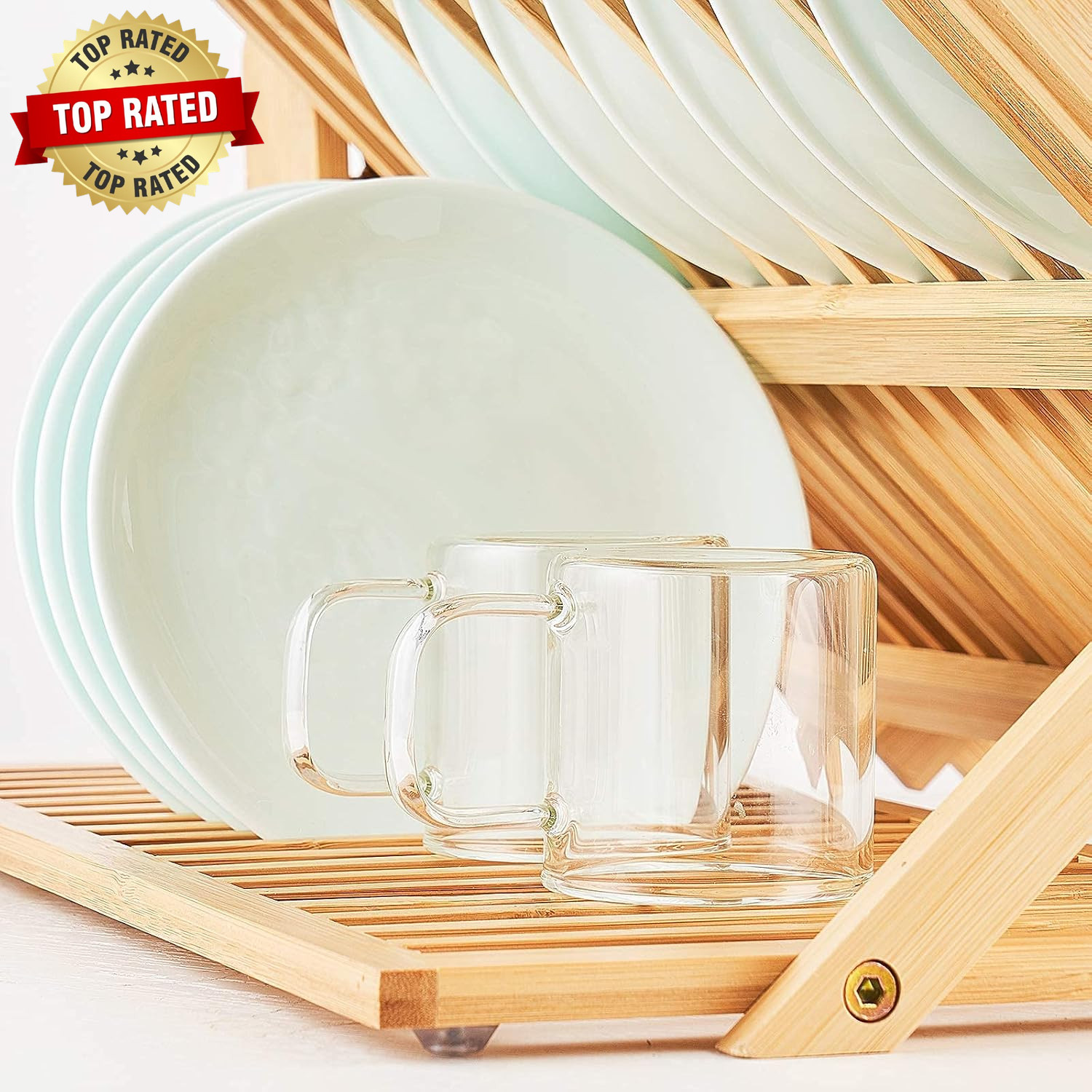 Bamboo Dish Drying Rack, 3 Tier Collapsible Wooden Dish Drainer Rack with Utensi