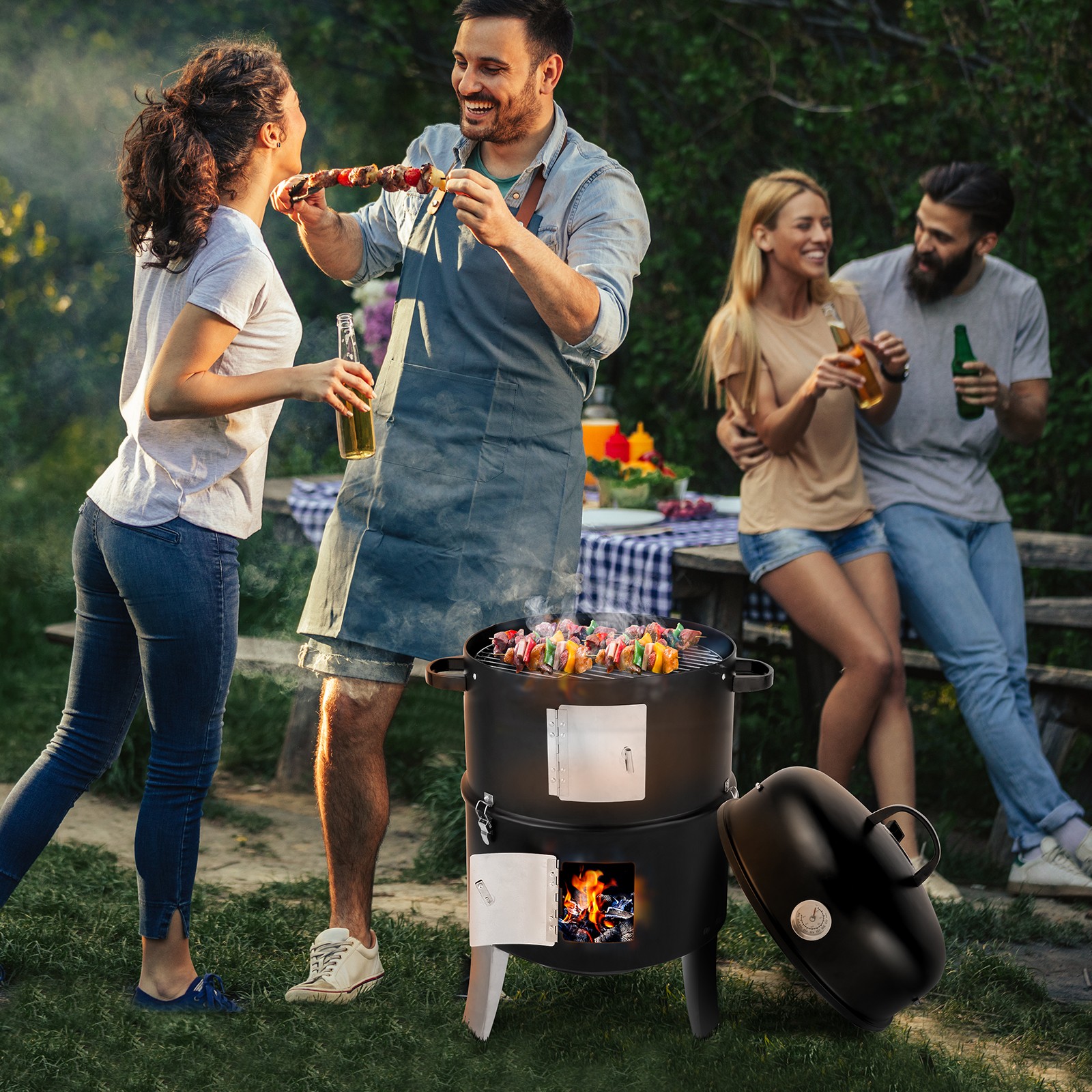 3-in-1 Vertical Charcoal BBQ Smoker Round Charcoal Grill with Thermometer, Black