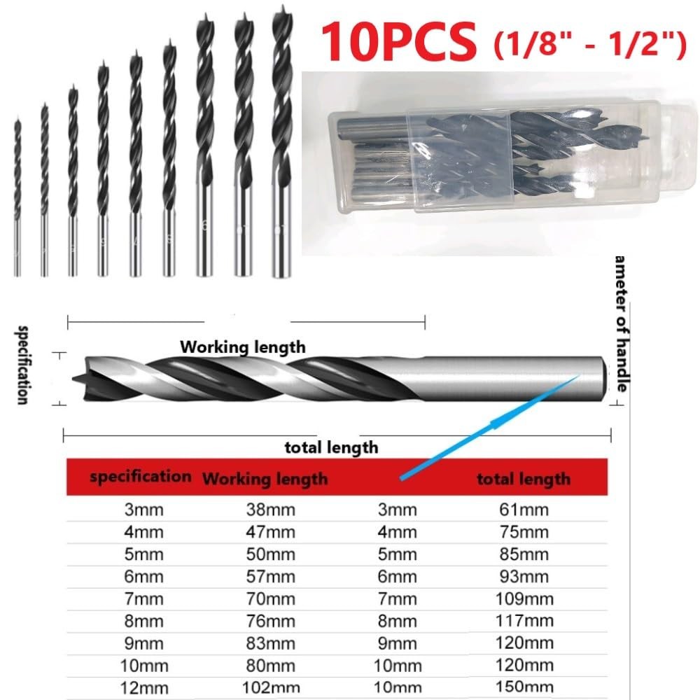 Brad Point Wood Drill Bit Set 11-Piece Perfect for DIY Carpenter Woodworking …