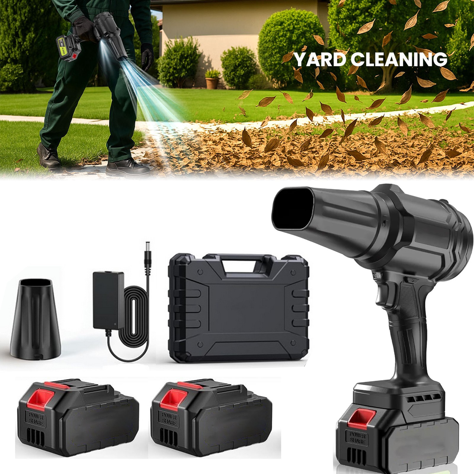 Electric Cordless Leaf Blower 500000RPM Handheld Leaf Blower 2 Battery & Charger