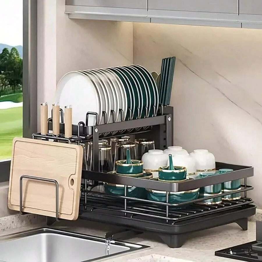Double-Layer Metal Carbon Steel Cutlery Rack Kitchen Organizer
