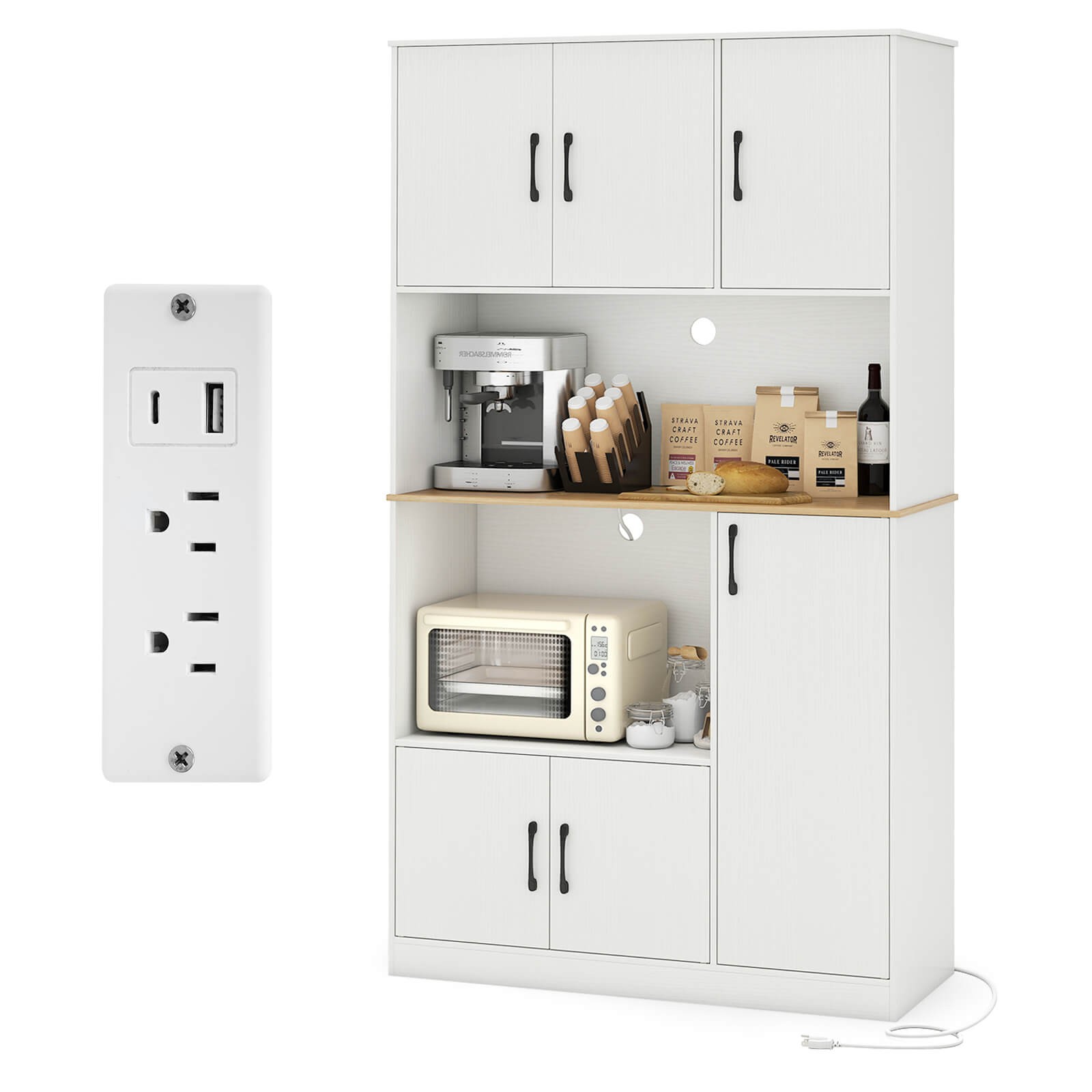 71” Tall Kitchen Pantry Cabinet with Charging Station, Microwave Stand & Doors