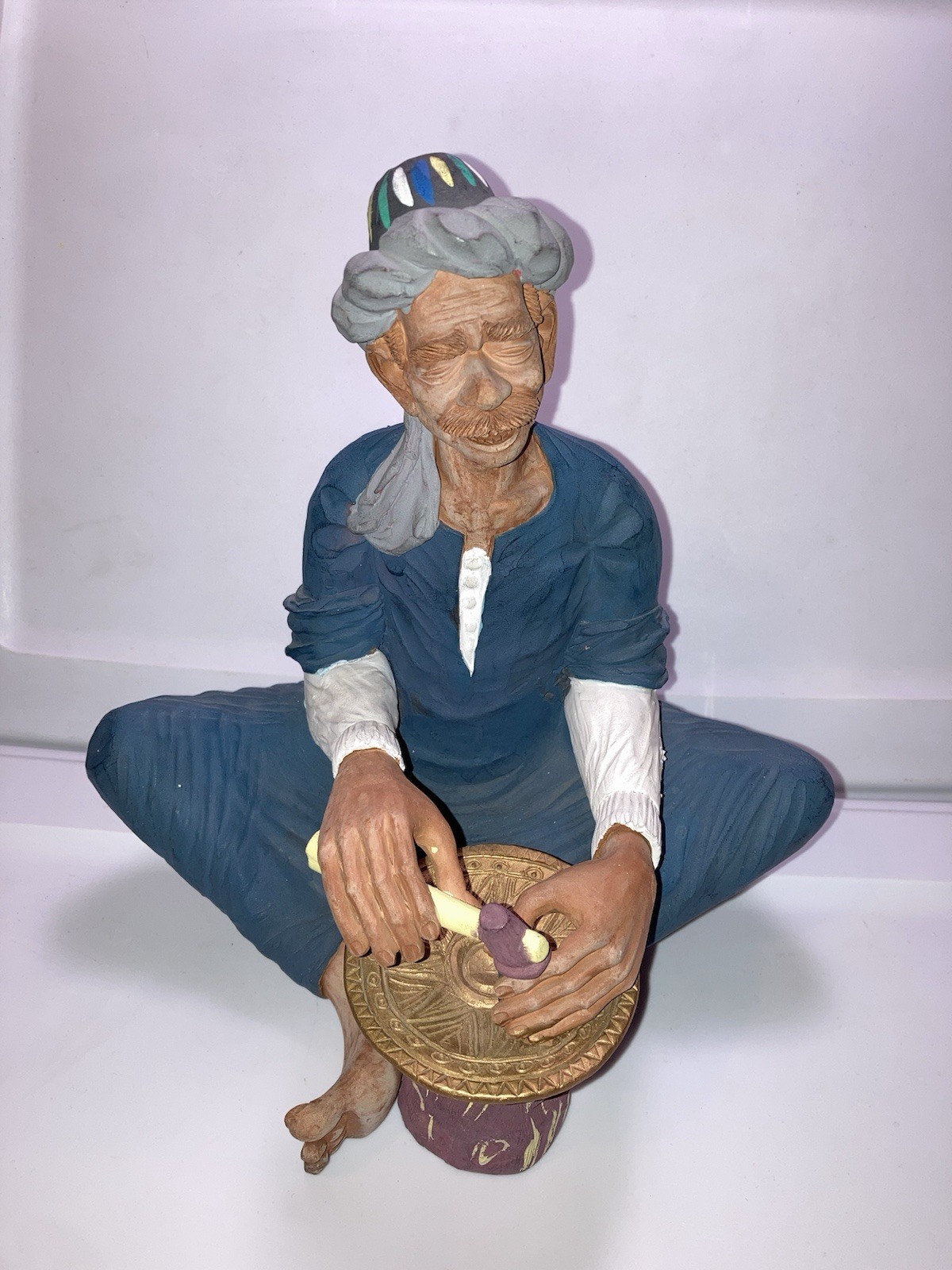 Egyptian Terracotta Clay Mud Figurine Handcrafted Folk Art Signed Vintage 10″