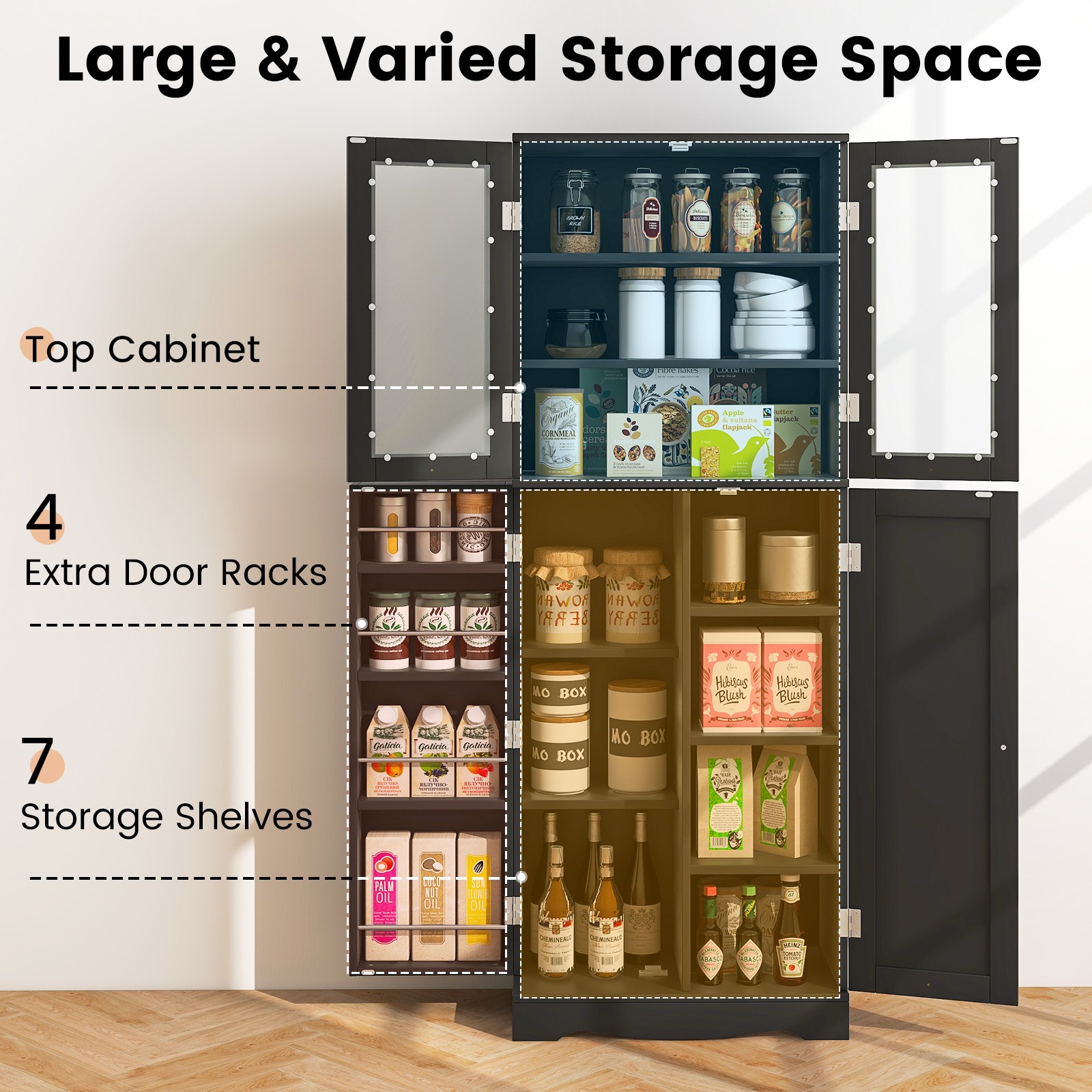 63.5″ Tall Kitchen Pantry Storage Cabinet w/ Glass Door Storage Shelves Black