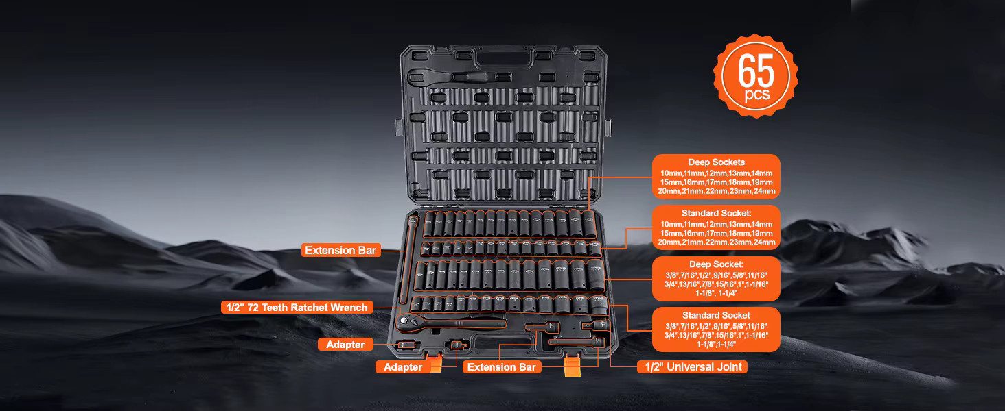 VEVOR 1/2in Alloy Steel Impact Sockets Set with 65pcs 6-Point Drive Bit Tool Kit
