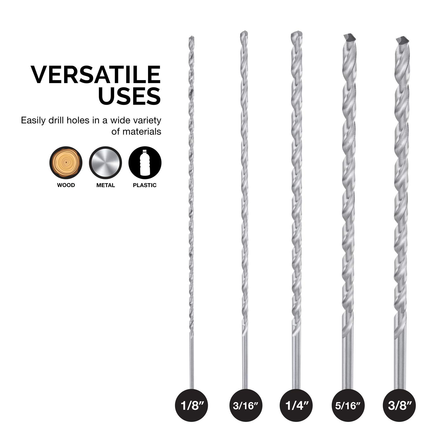 Extra Long Drill Bit Set 5-Piece 1/8, 3/16, 1/4, 5/16, and 3/8-Inch M2 HSS Steel