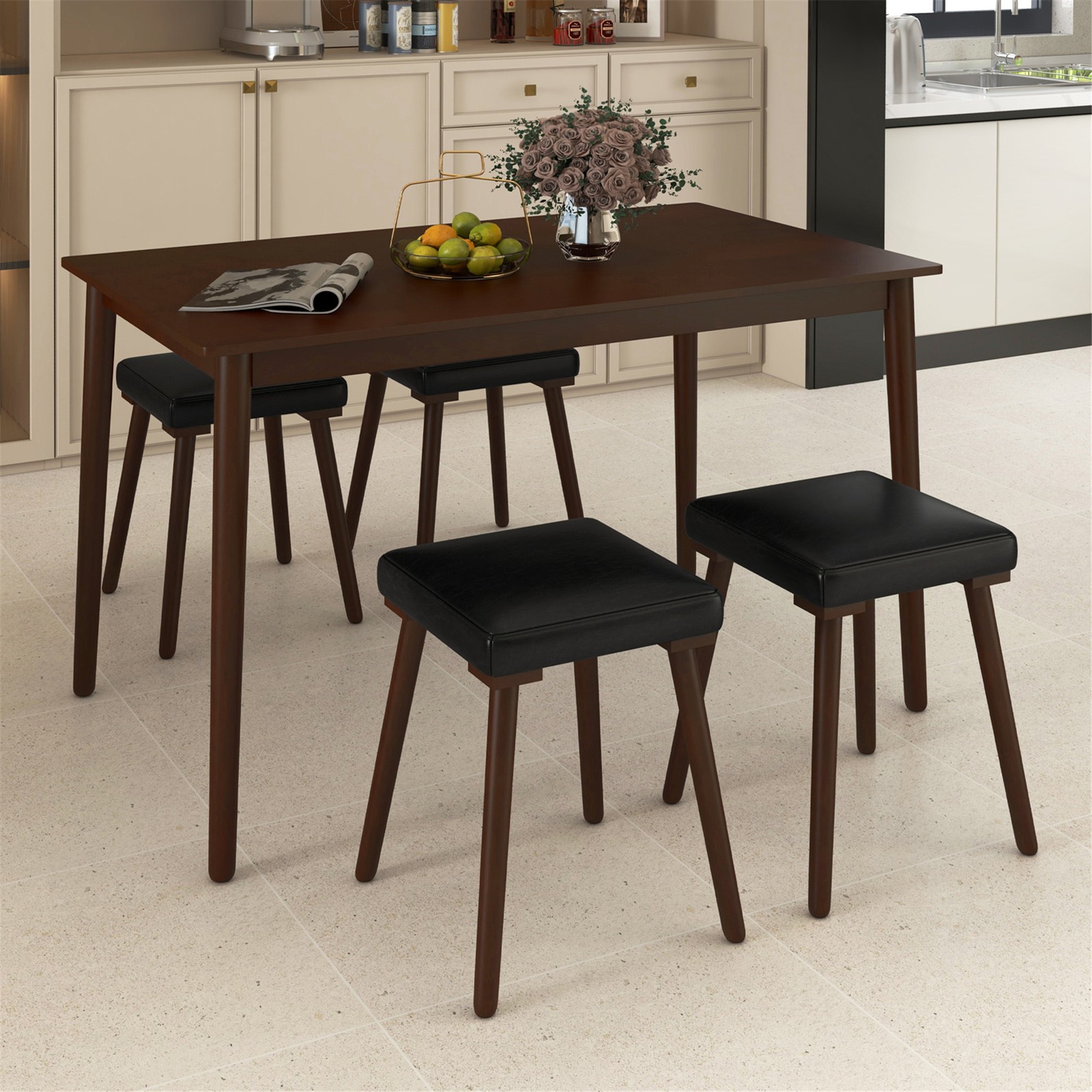 5PCS Dining Table Set for 4 w/ 4 Upholstered Stools Rubber Wood Legs for Kitchen