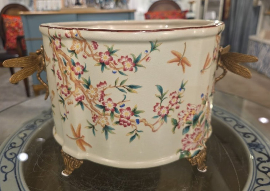 Porcelain Oval Planter with Ormolu Dragonfly Handles-Floral Vine-14” x 8”H