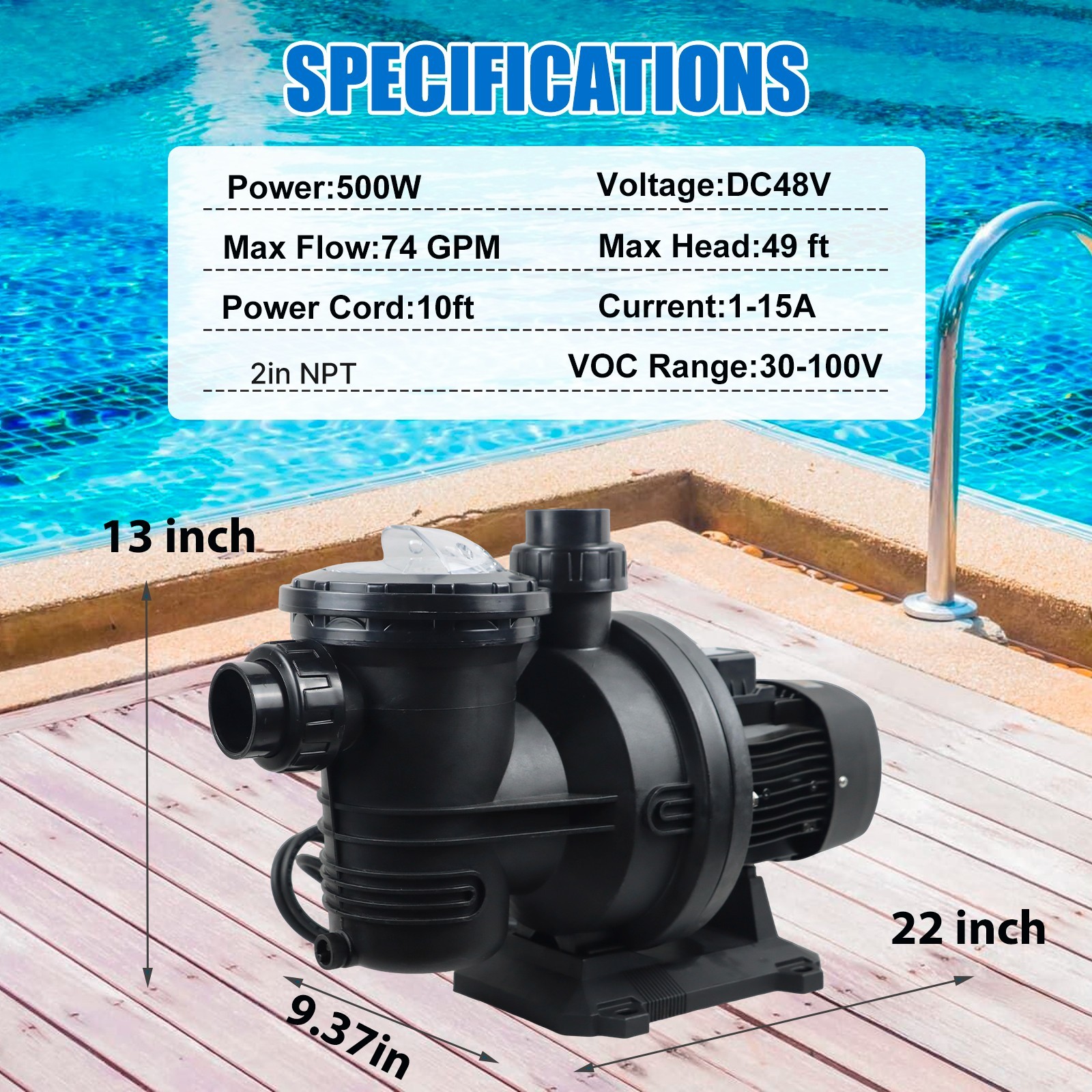 900W Solar Pump Inground Swimming Pool Pump DC72V Brushless Motor 92GPM 62′ Hmax