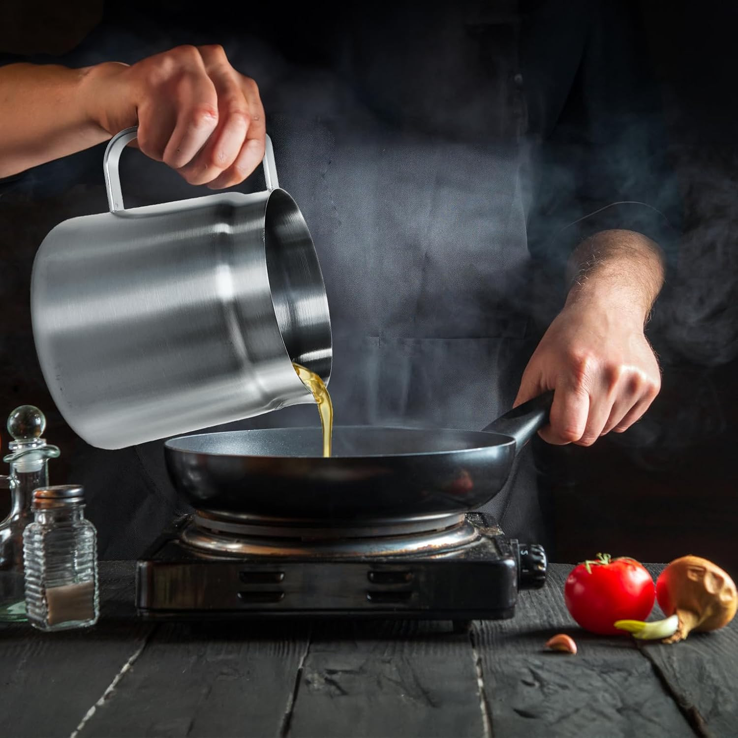 304 Stainless Steel Oil Filter Pot, 68 Oz Deep Fryer Pot with Strainer Basket,