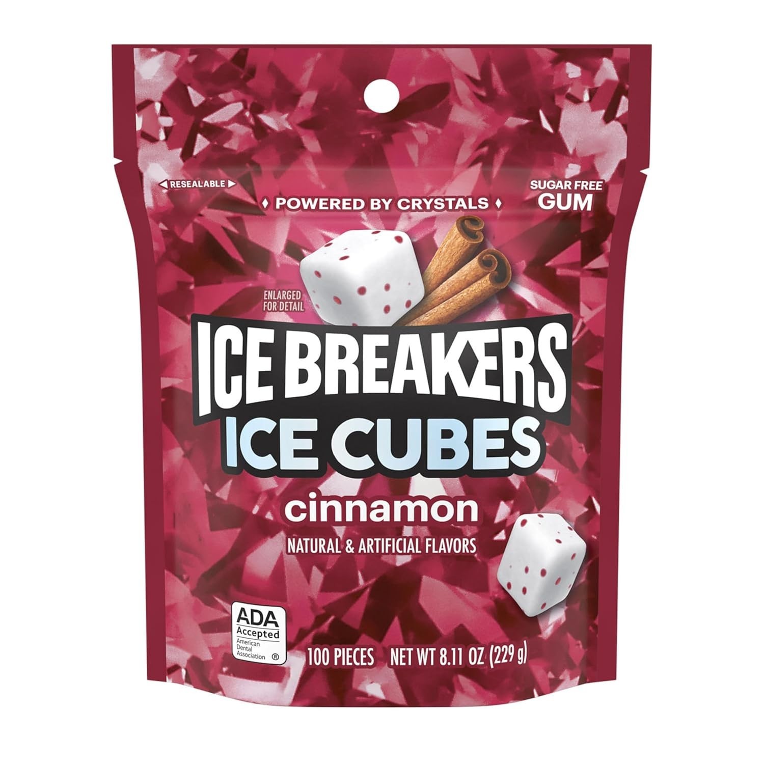 Ice Cubes Cinnamon Sugar Free Chewing Gum Pouch, 8.11 oz 100 Pieces