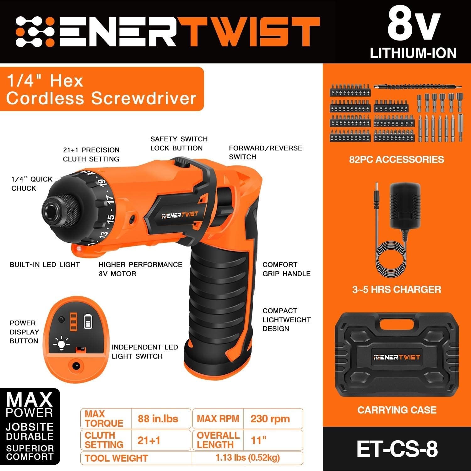 Enertwist Cordless Screwdriver 8V Max 10Nm Electric Screwdriver Rechargeable…