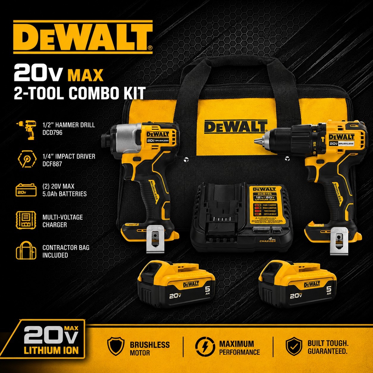 DeWalt DCK203P2 20V MAX XR Hammer Drill Impact Driver Kit w/ 2x 5Ah Batteries