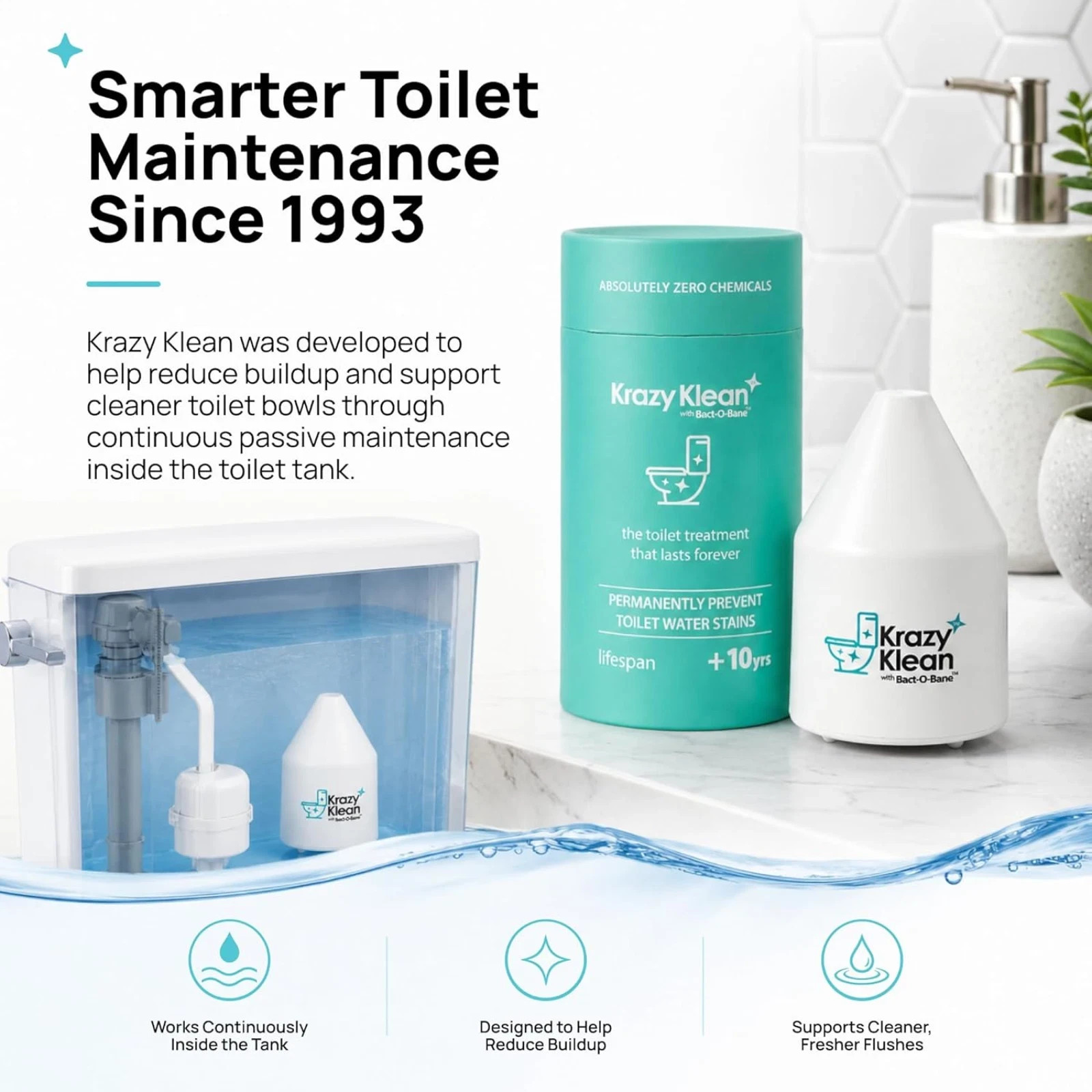 Krazy Klean Toilet Tank Cleaner, Easy Install, Prevents Water Stains Daily Uses