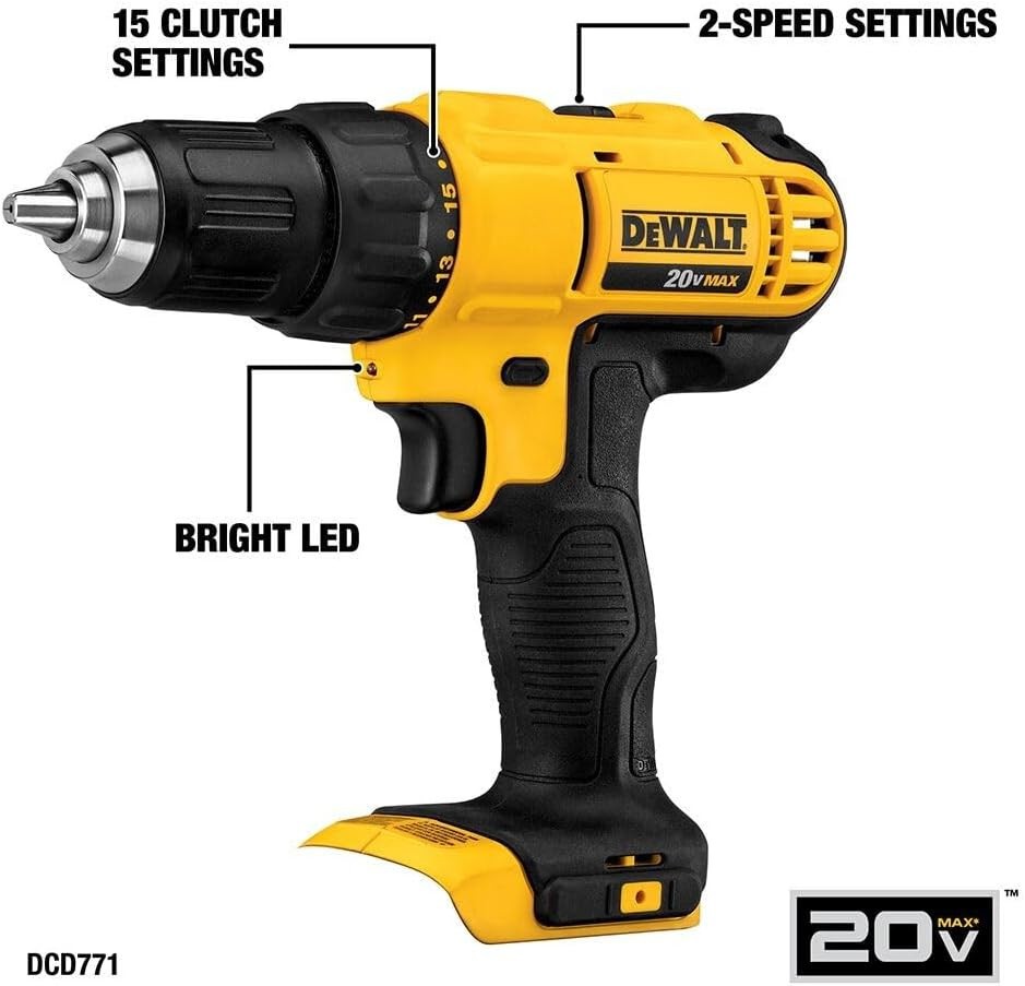 DEWALT DCD771C2 20V Max 1/2″ Drill Driver Kit – 2x 1.3Ah, Charger, Bag