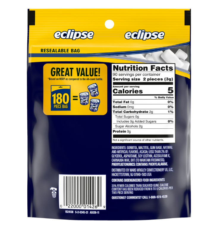 New Eclipse Winterfrost Sugar Free Chewing Gum, Value Pack – 180 Ct Bag