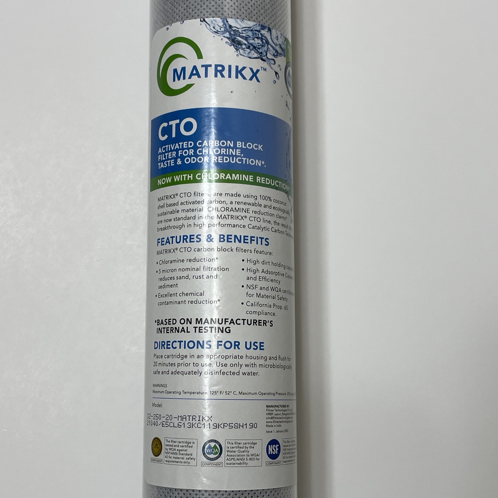Matrikx 32-250-20 CTO 5-Micron Filter 20″ Chlorine/Taste/Odor Filtrex Carbon
