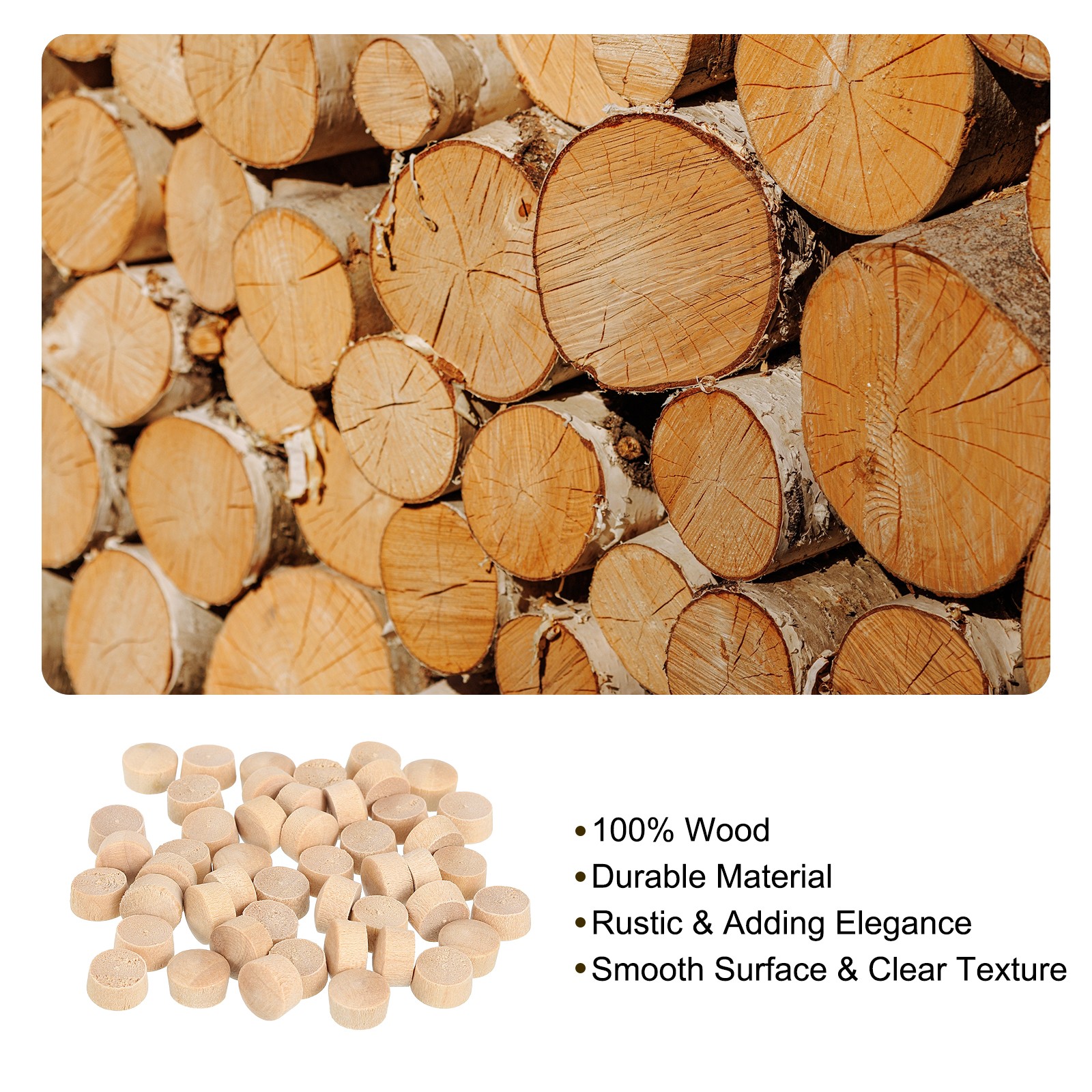 60Pcs Wood Button Plugs, 9mm/0.35″ Hardwood Screw Hole Plug for Woodworking