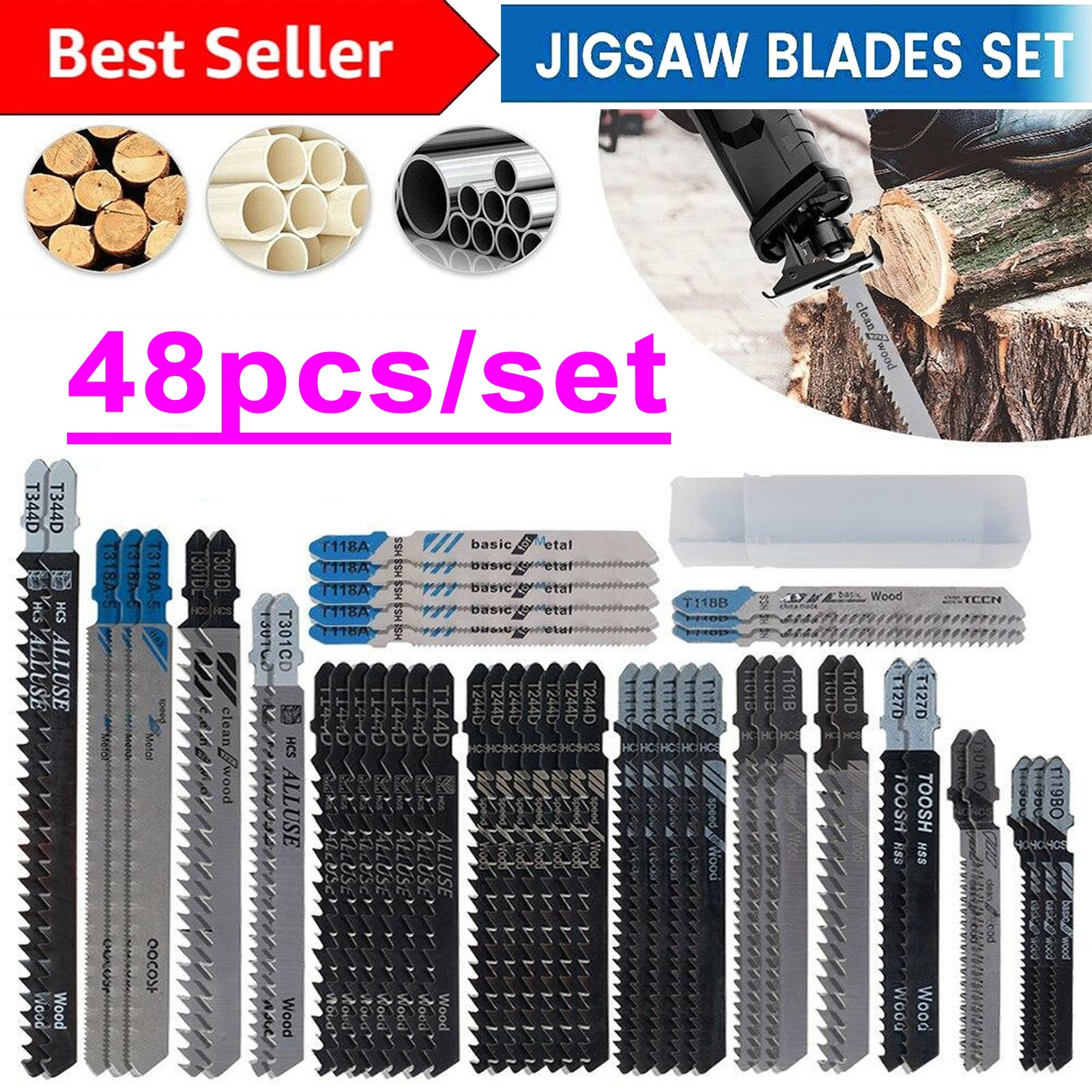 48Pc T-shank Assorted Jig Saw Blades Set Wood Plastic Metal Cutting Jigsaw Blade