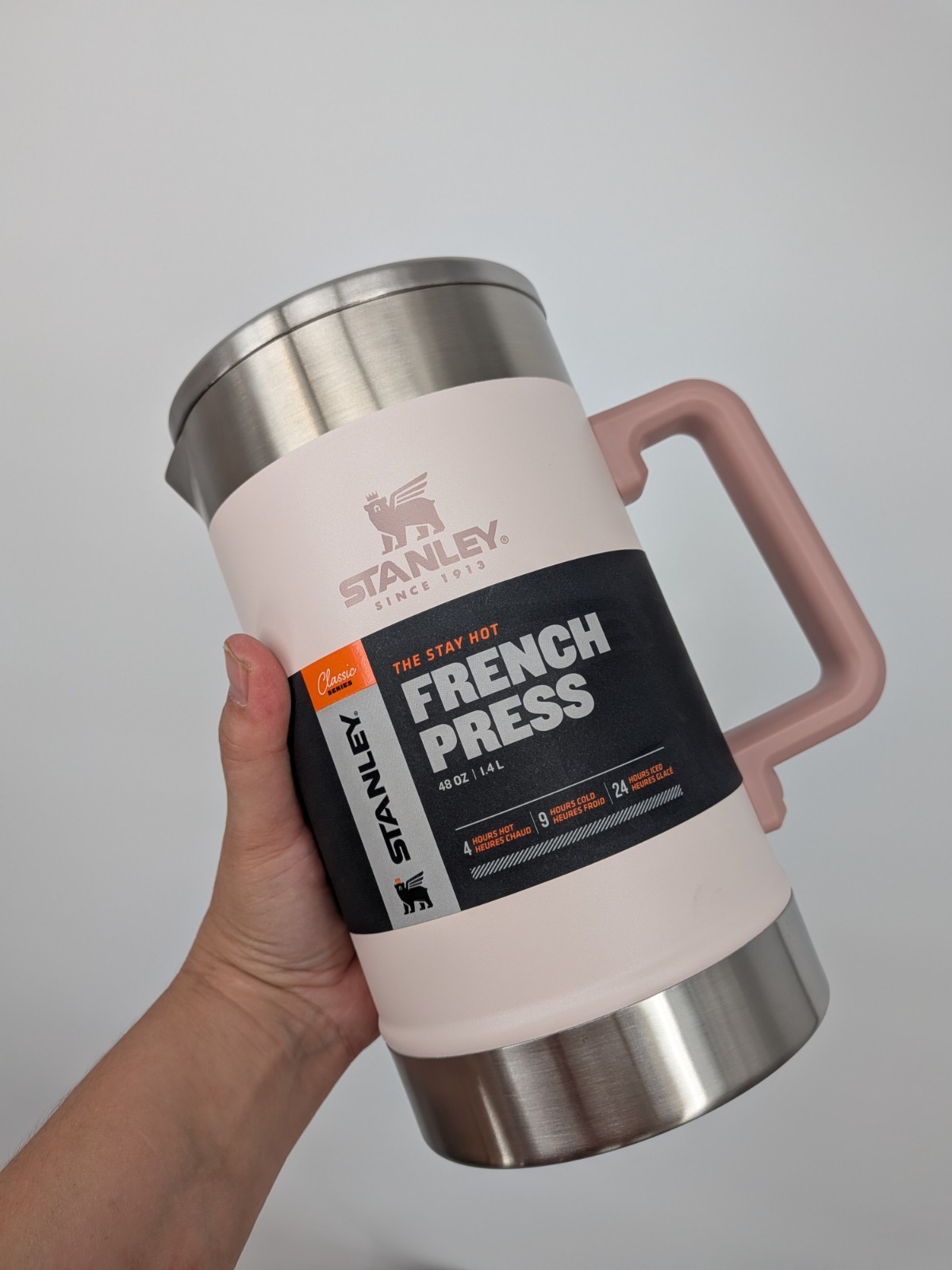 New STANLEY Classic Stay Hot French Press 48 OZ rose quartz 4hrs hot 24hrs ice