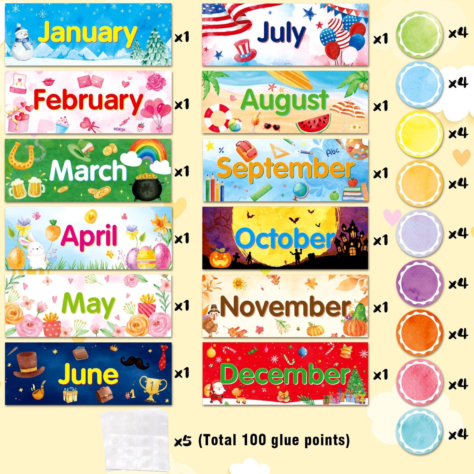 48 Pack Holiday Monthly Headliners 12 Months of The Year Bulletin Board Set S…