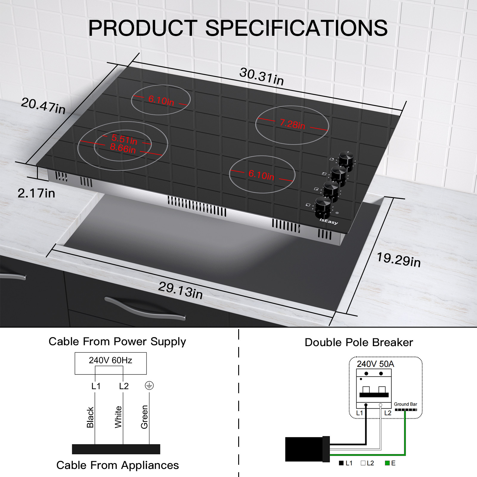 30in Built-in Electric Cooktop Stove Top Radiant Ceramic Cooktops 4 Burner 6700W