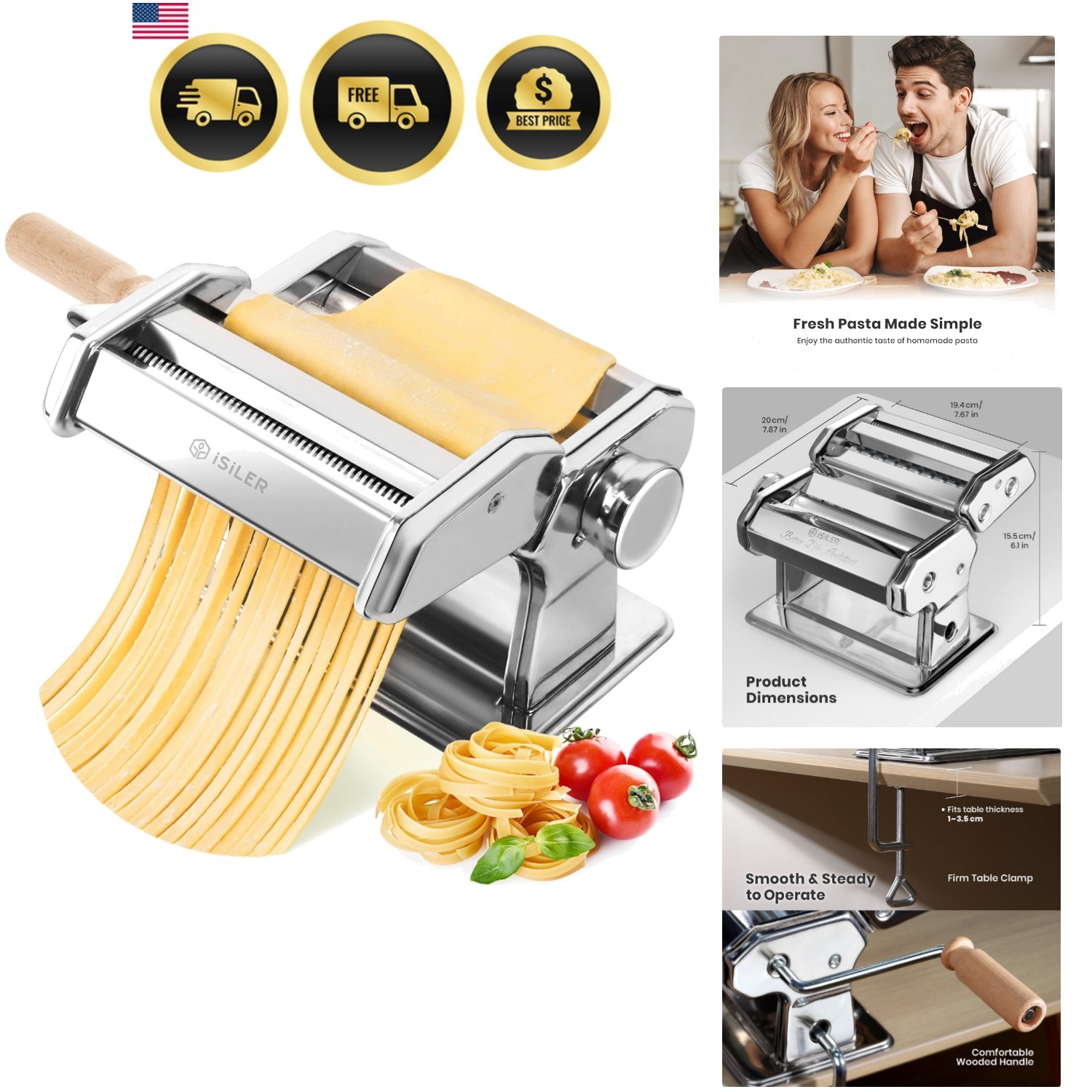 3-in-1 Pasta Maker, 9 Thickness Settings, Dough Rollers & 2 Size Cutters | St…