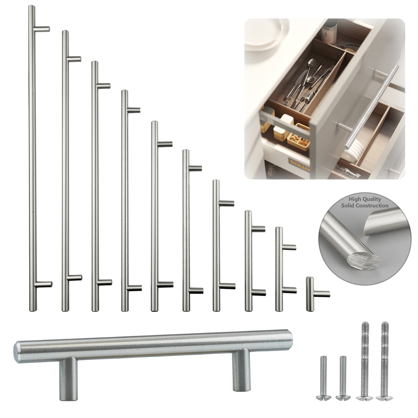 Solid Stainless Steel Brushed Nickel T Bar Kitchen Cabinet Handles Pulls 2″-24″
