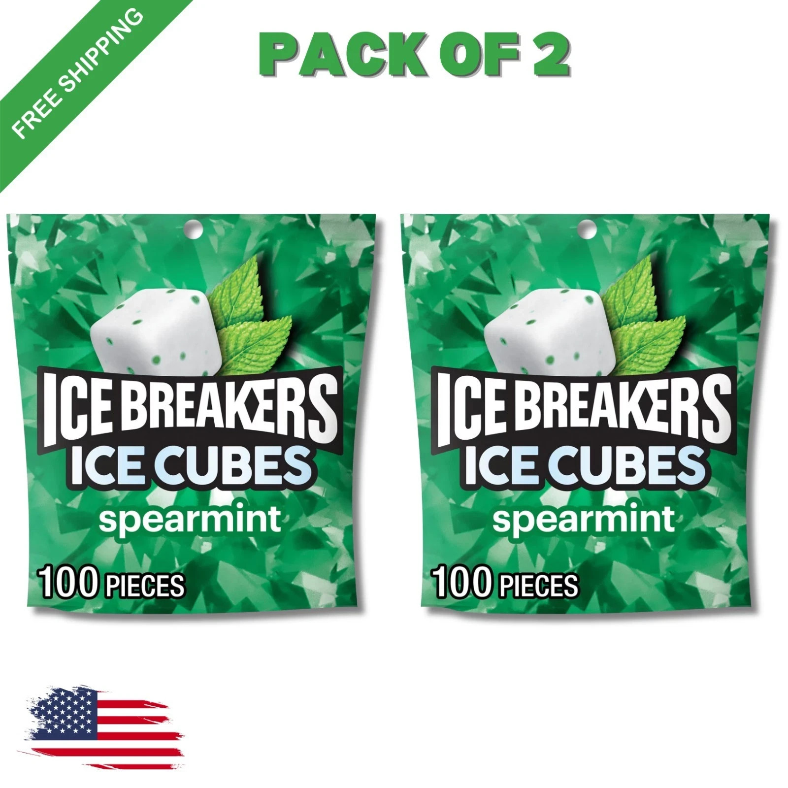 (Pack of 2) Ice Breakers Ice Cubes Spearmint Sugar Free Gum 8.11 oz 2x 100 pcs