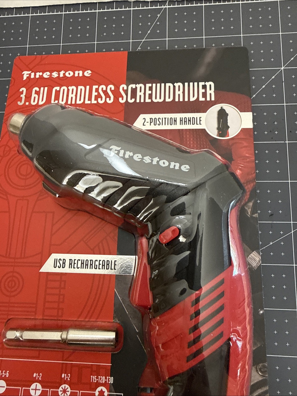 Firestone 3.6V Cordless Screwdriver, 2 Position Handle, USB Rechargeable