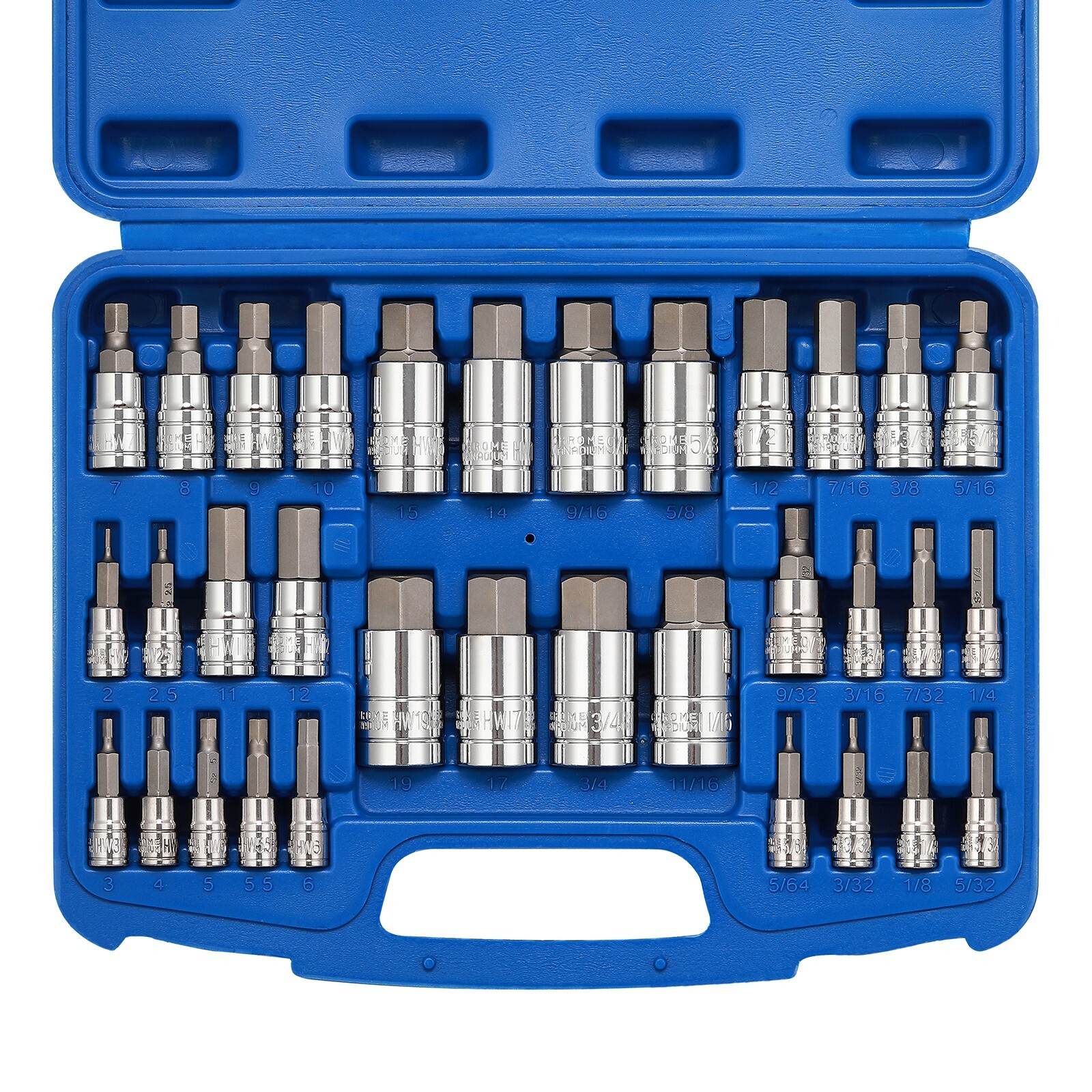 33PCS Hex Bit Socket Set, 1/4″, 3/8″ and 1/2″ Drive, SAE & Metric Allen Socket
