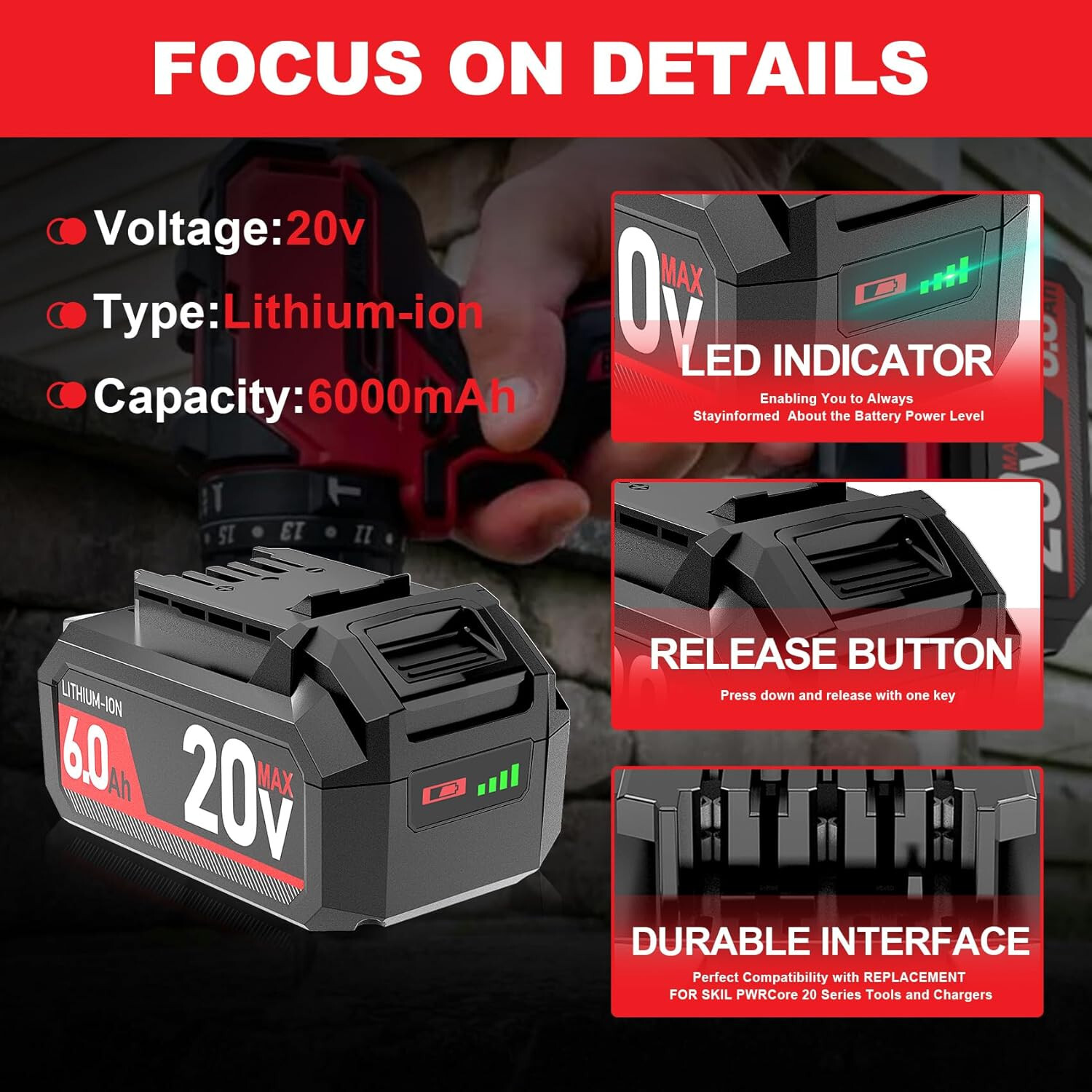 20V 6Ah Replacement Battery for SKIL PWRCore 20,Compatible w/ BY5196/7XX Series