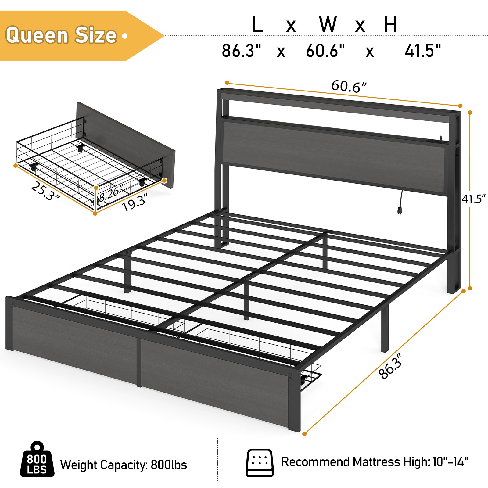 Queen Full Size Bed Frame with Storage Headboard &Charging Station＆ LED Lights
