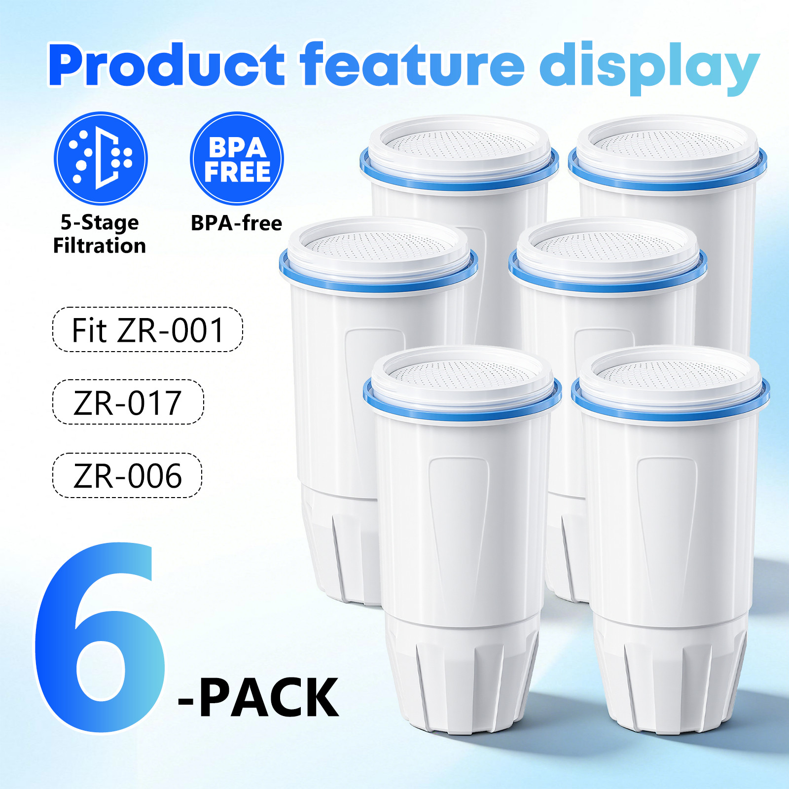 Zero Pitcher Water Filter Replacement 5-Stage 6 Pack Fit ZR-001 ZR-004