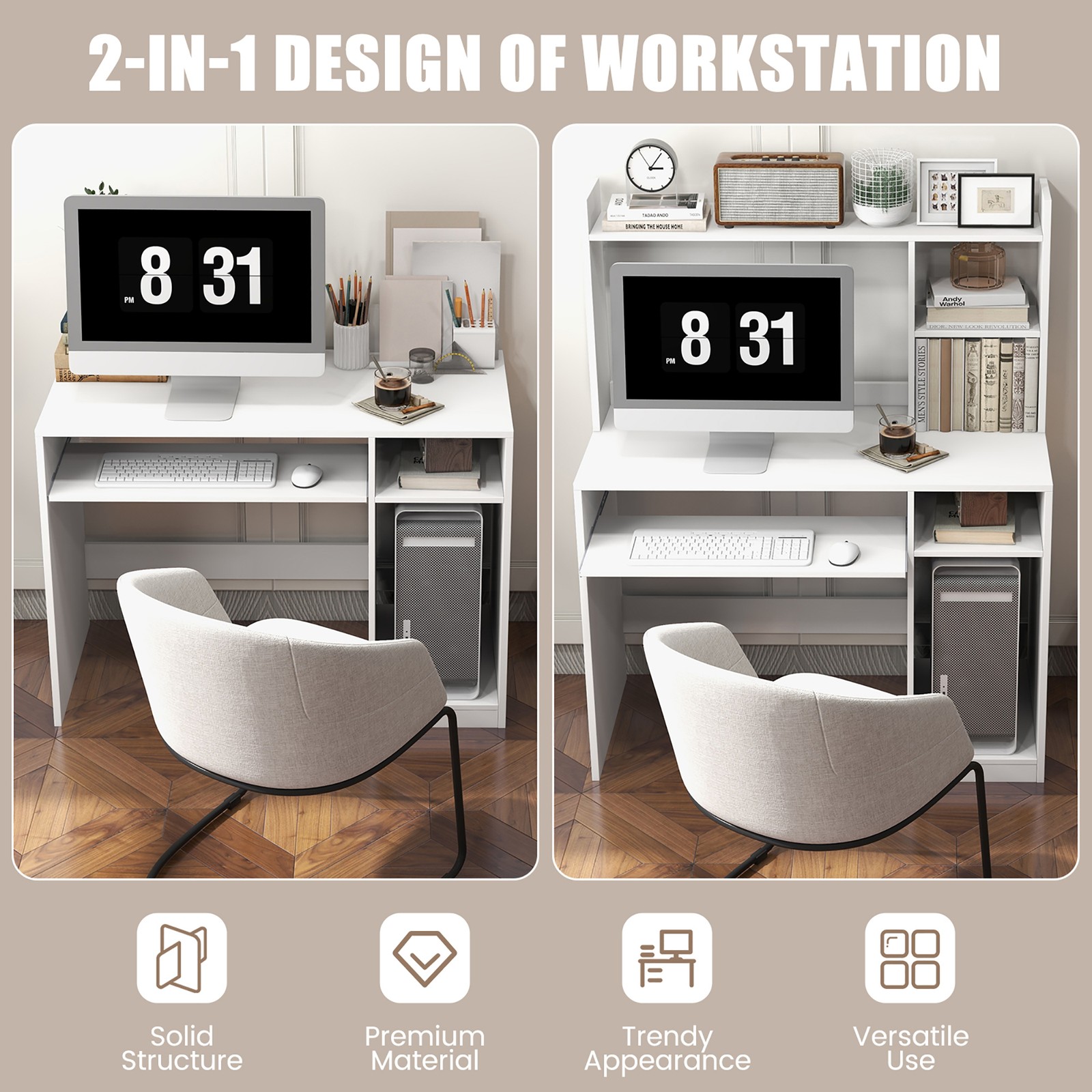 Computer Desk Hutch Home Office Study Writing Table w/ Bookshelf Keyboard Tray