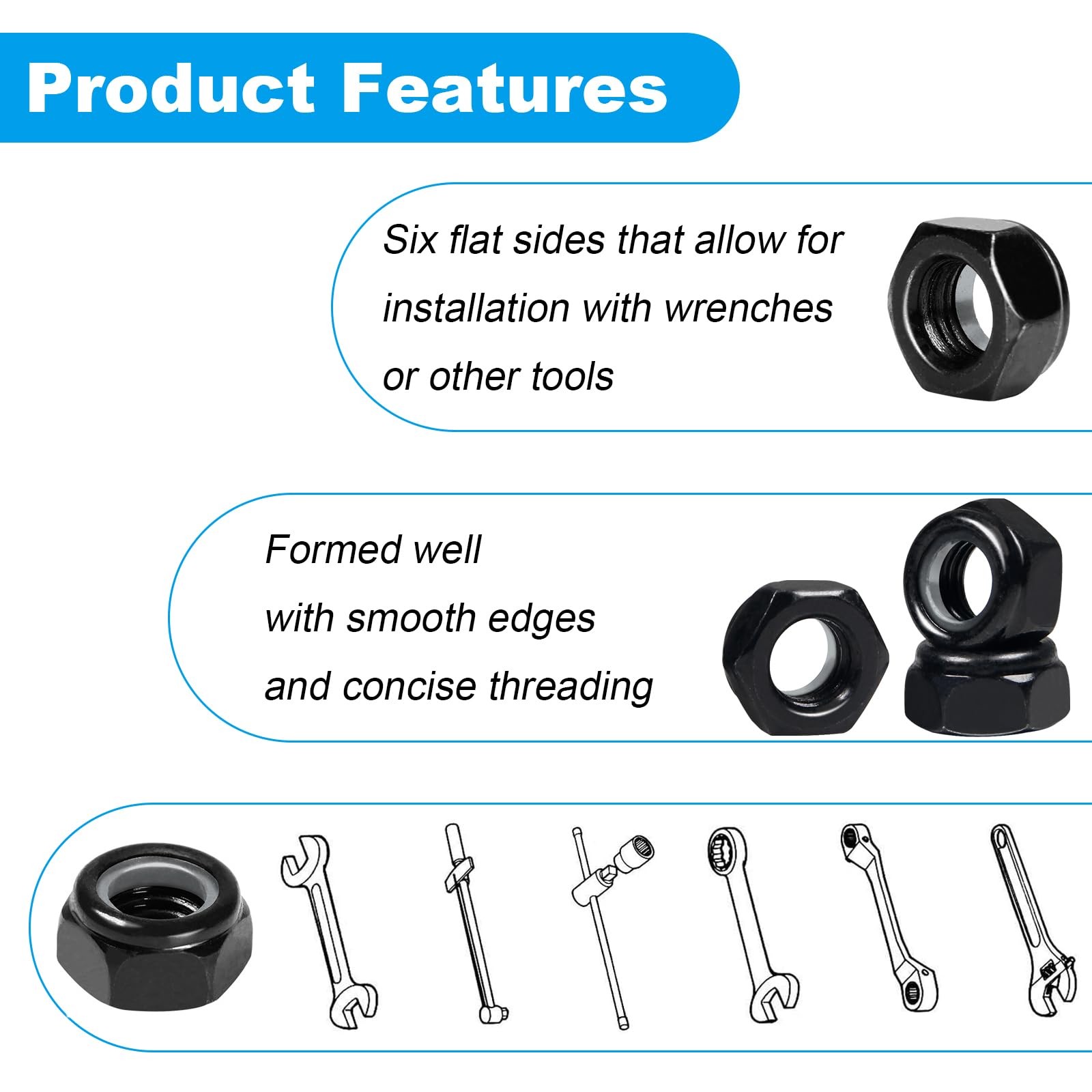 Yinpecly 50Pcs M8 x 1.25mm Nylon Insert Hex Lock Nuts Carbon M8; 50pcs, Black