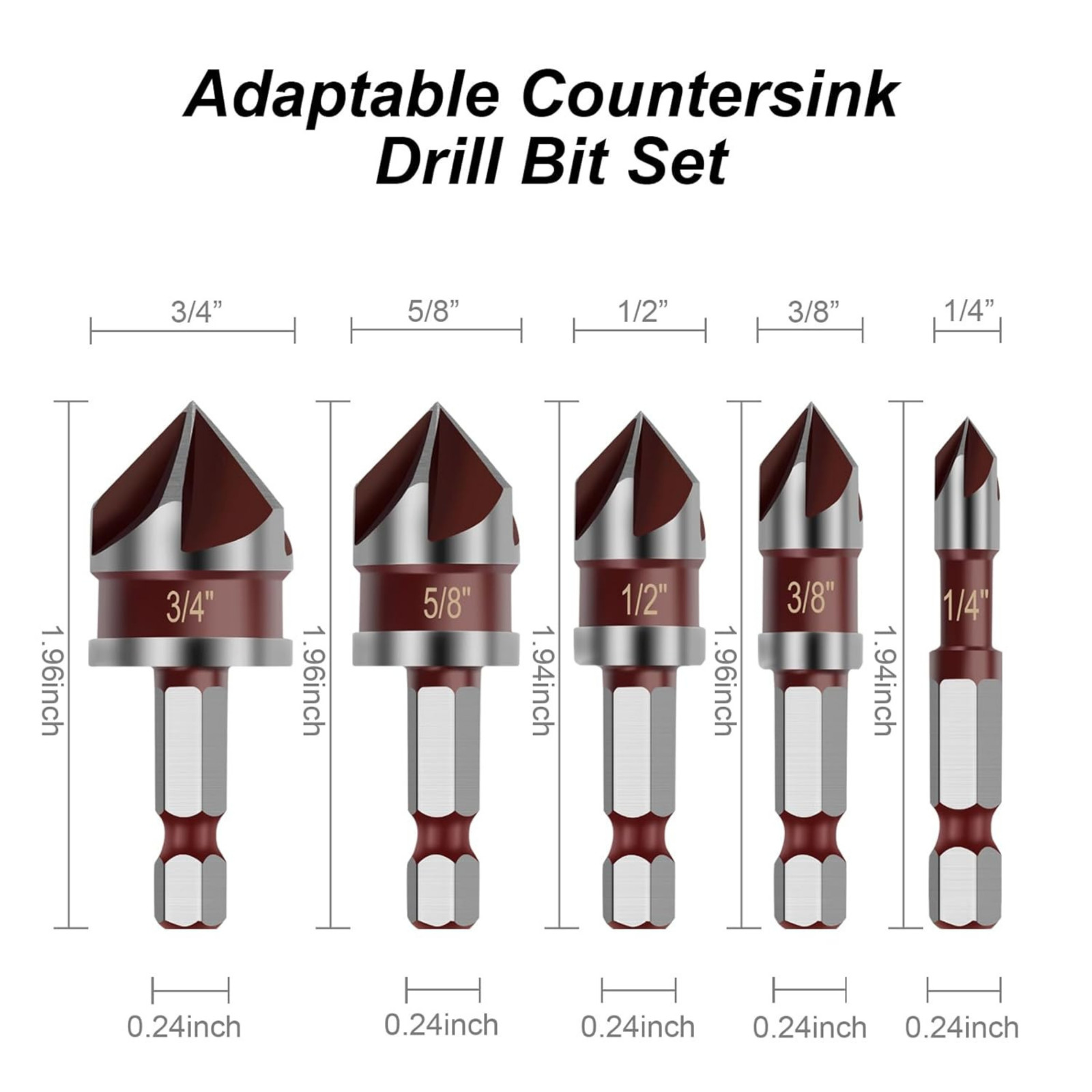 5pcs HSS Countersink Drill Bit 82° 1/4″-3/4″ with 1/4″ Hex Shank