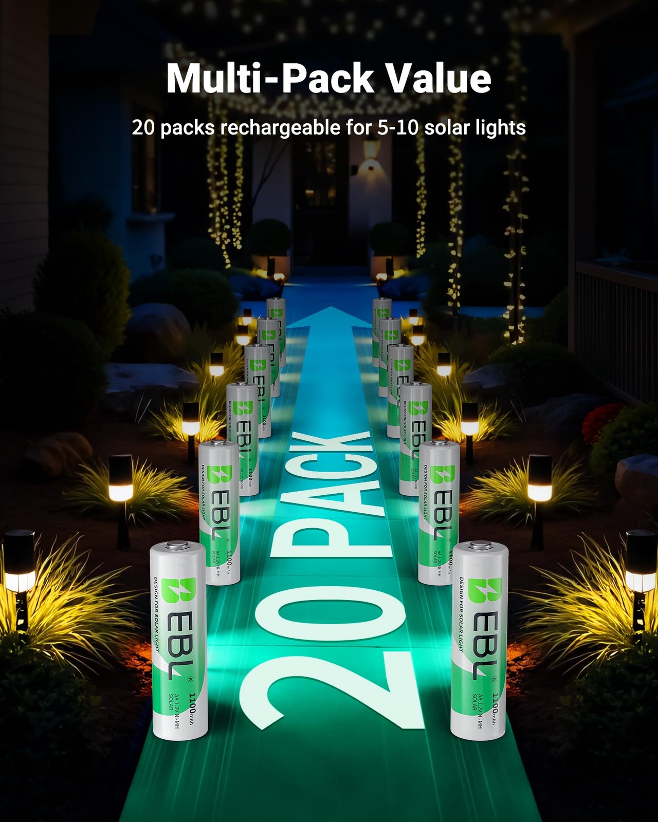 EBL 1100mAh Solar AA Batteries for Outdoor Lights Garden Pack of 20
