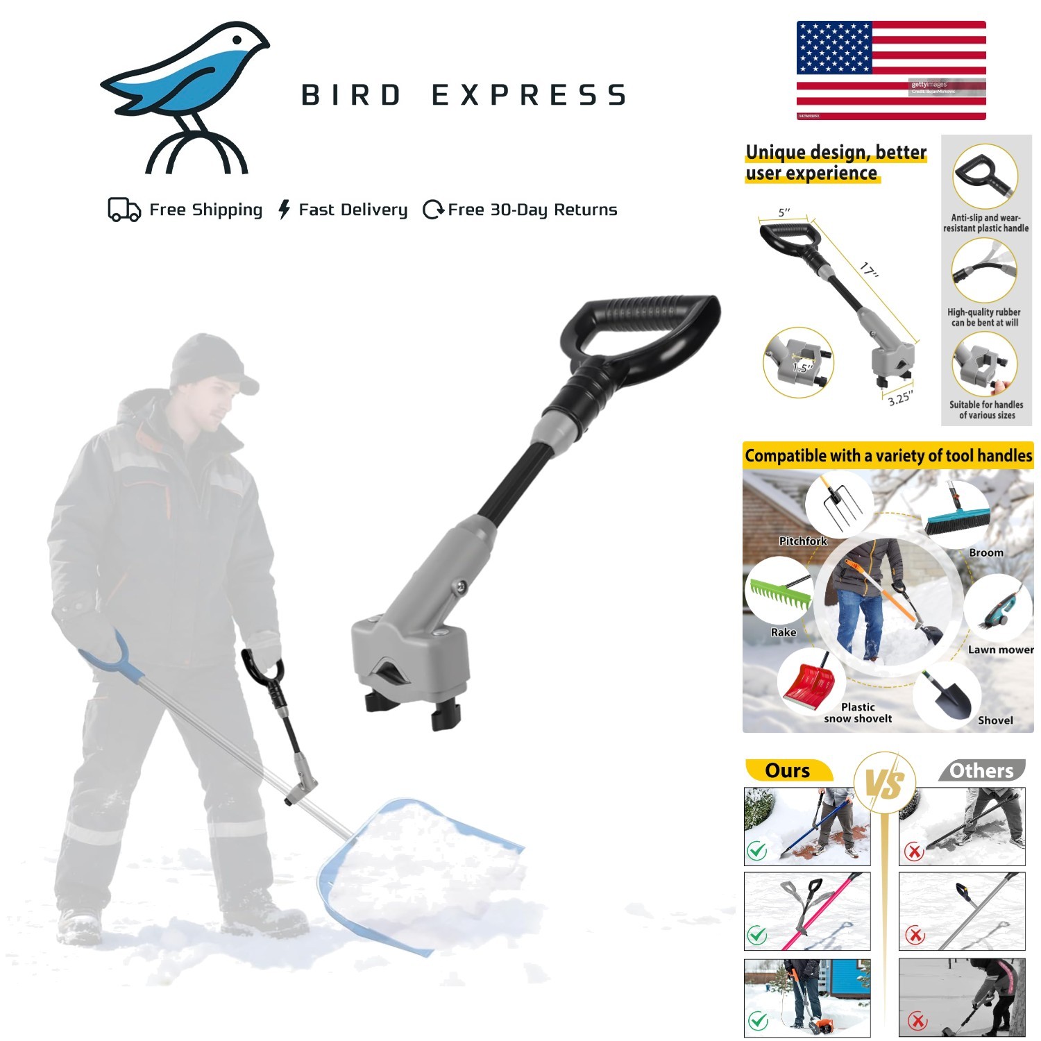 Universal Snow Shovel Handle Extension Ergonomic Back Saver Grip Gardening Tools