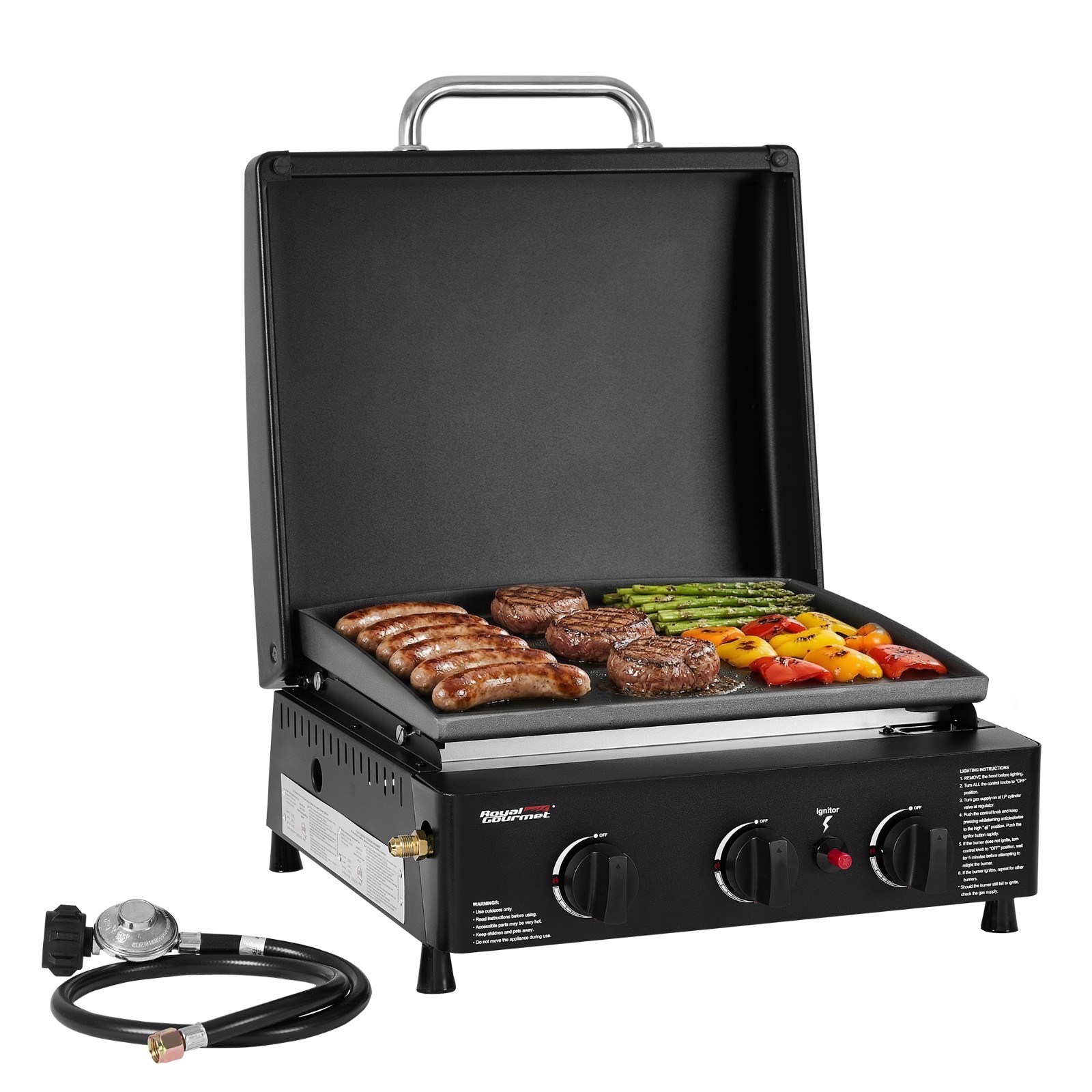 Royal Gourmet Portable 3-Burner Propane Griddle with Hood for Outdoor Cooking