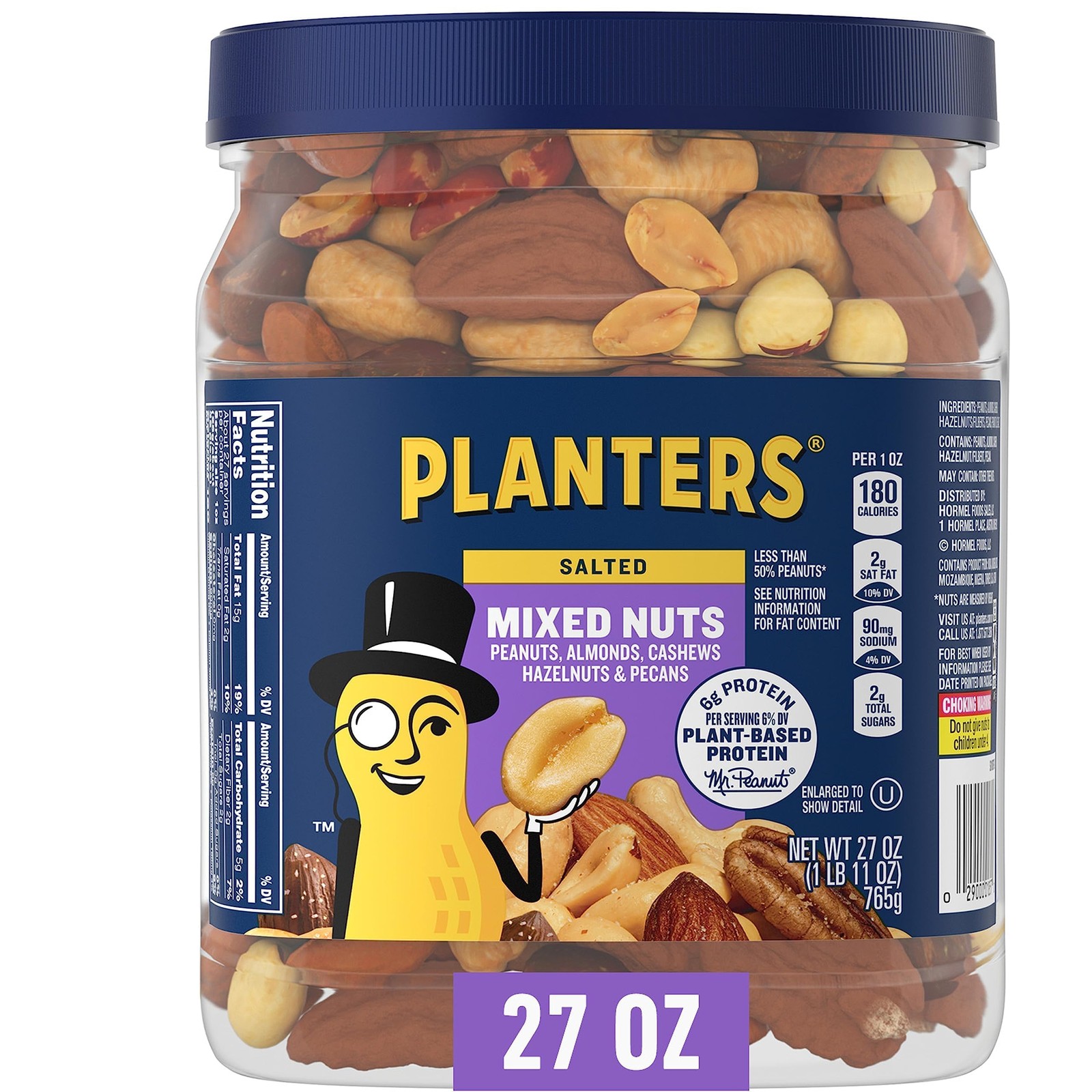 PLANTERS Mixed Nuts, Salted, 27 oz, Resealable Jar with Less than 50% Peanuts