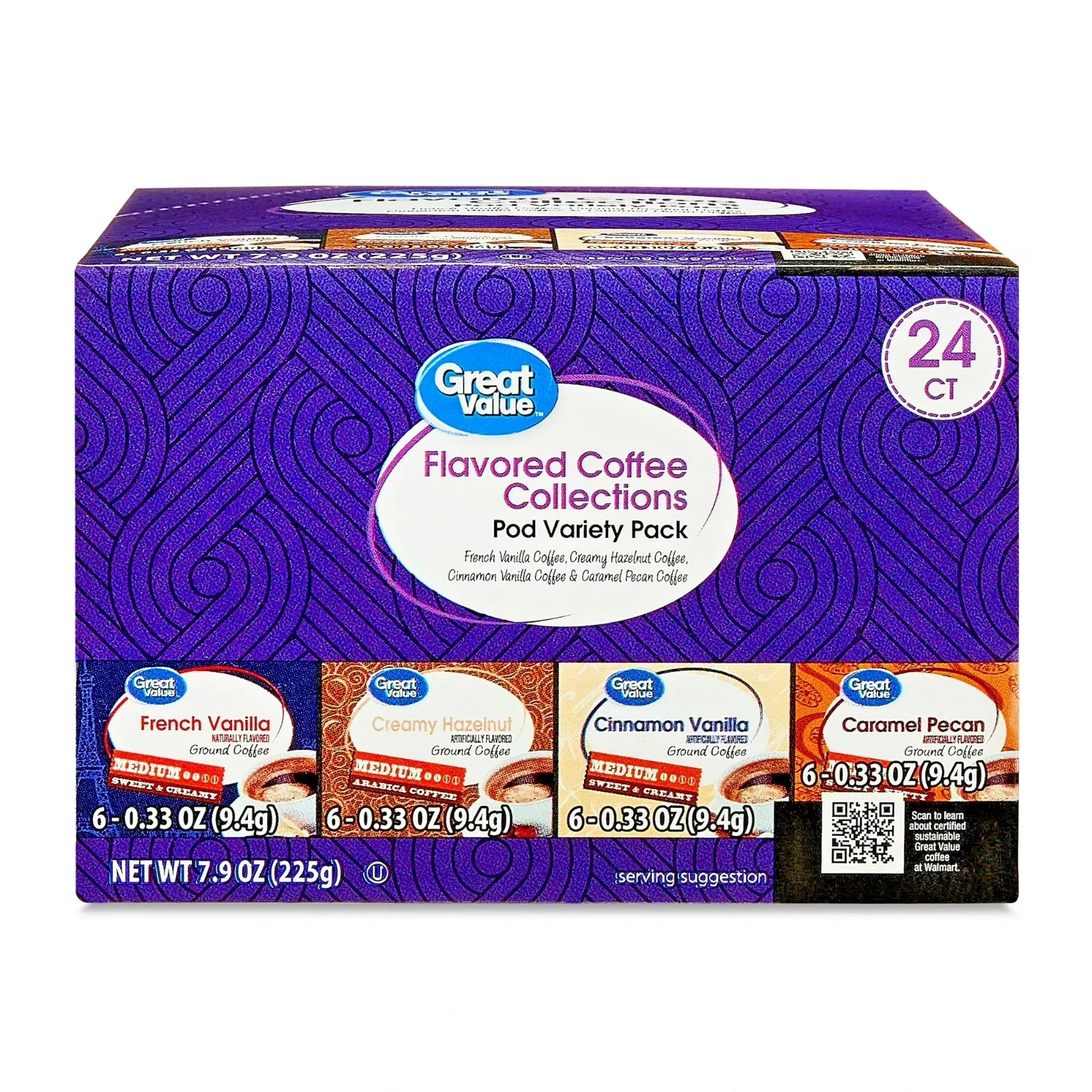 Great Value Flavored Medium Roast Ground Coffee Pods Variety Pack, 7.9 oz, 24 CT