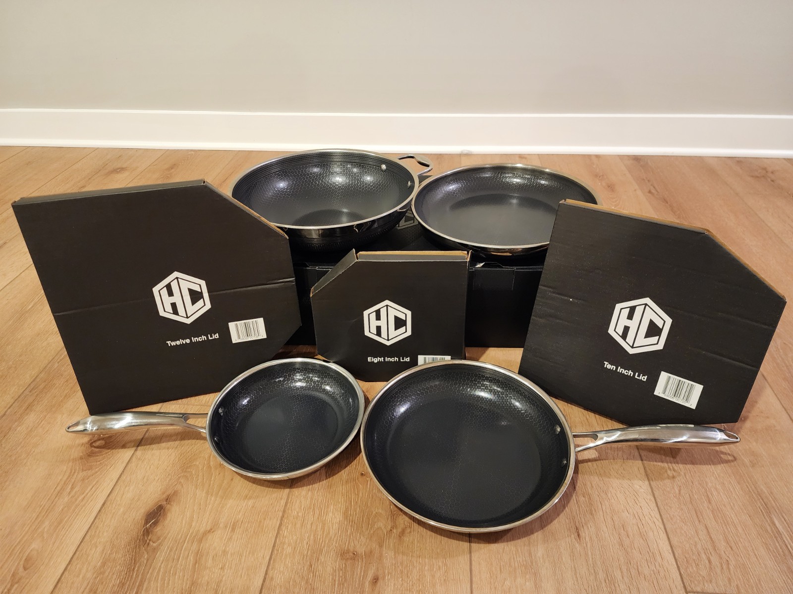 HexClad Hybrid 7-Piece Cookware Fry Pan Set 8” 10” 12” Inch W/ Lids & 12” Wok
