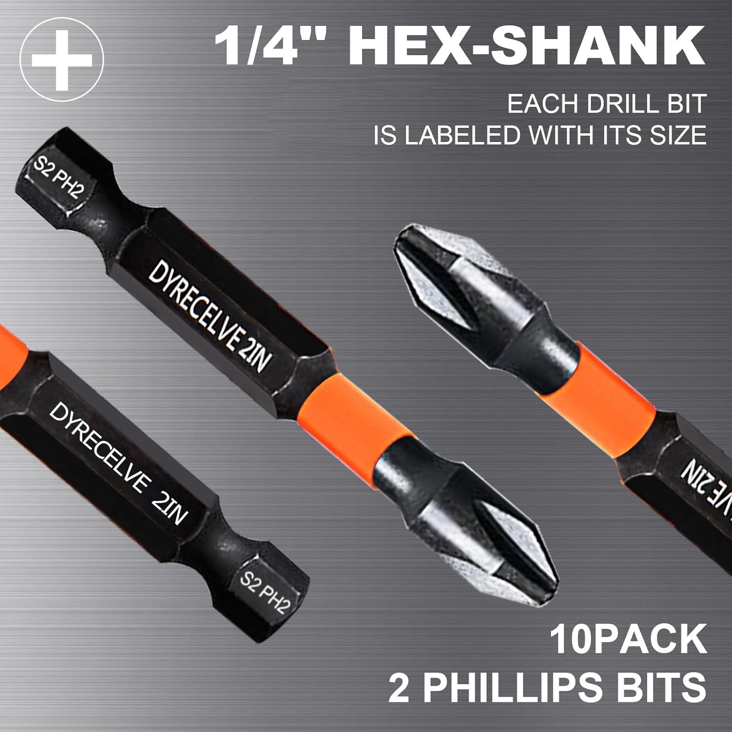 10-Pack 2″PH2 Phillips Impact Bits,Magnetic S2 Steel,1/4″Hex Shank for Impact Dr