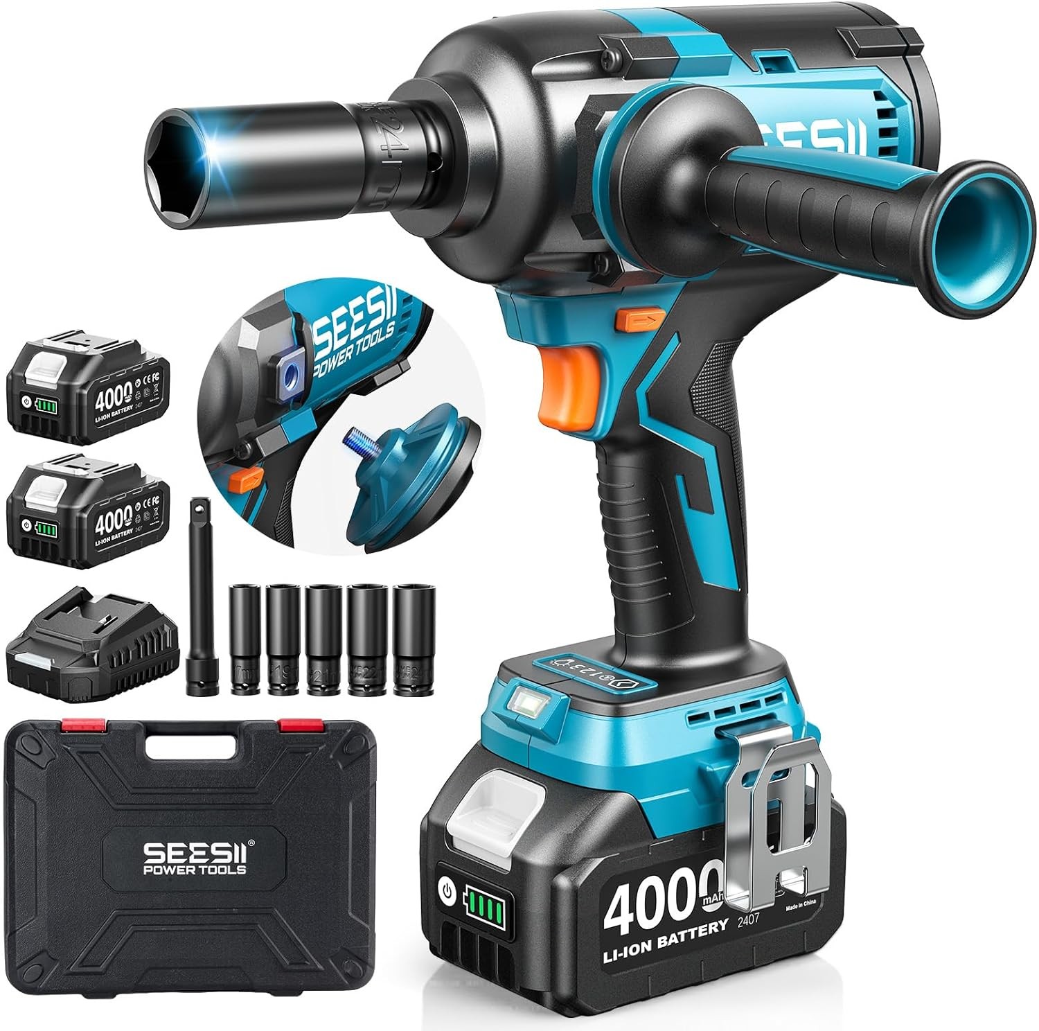 SEESII 1/2″ Impact Wrench Cordless 1180 Ft-lb Auxiliary Handle 2X4000MAH 2300RPM