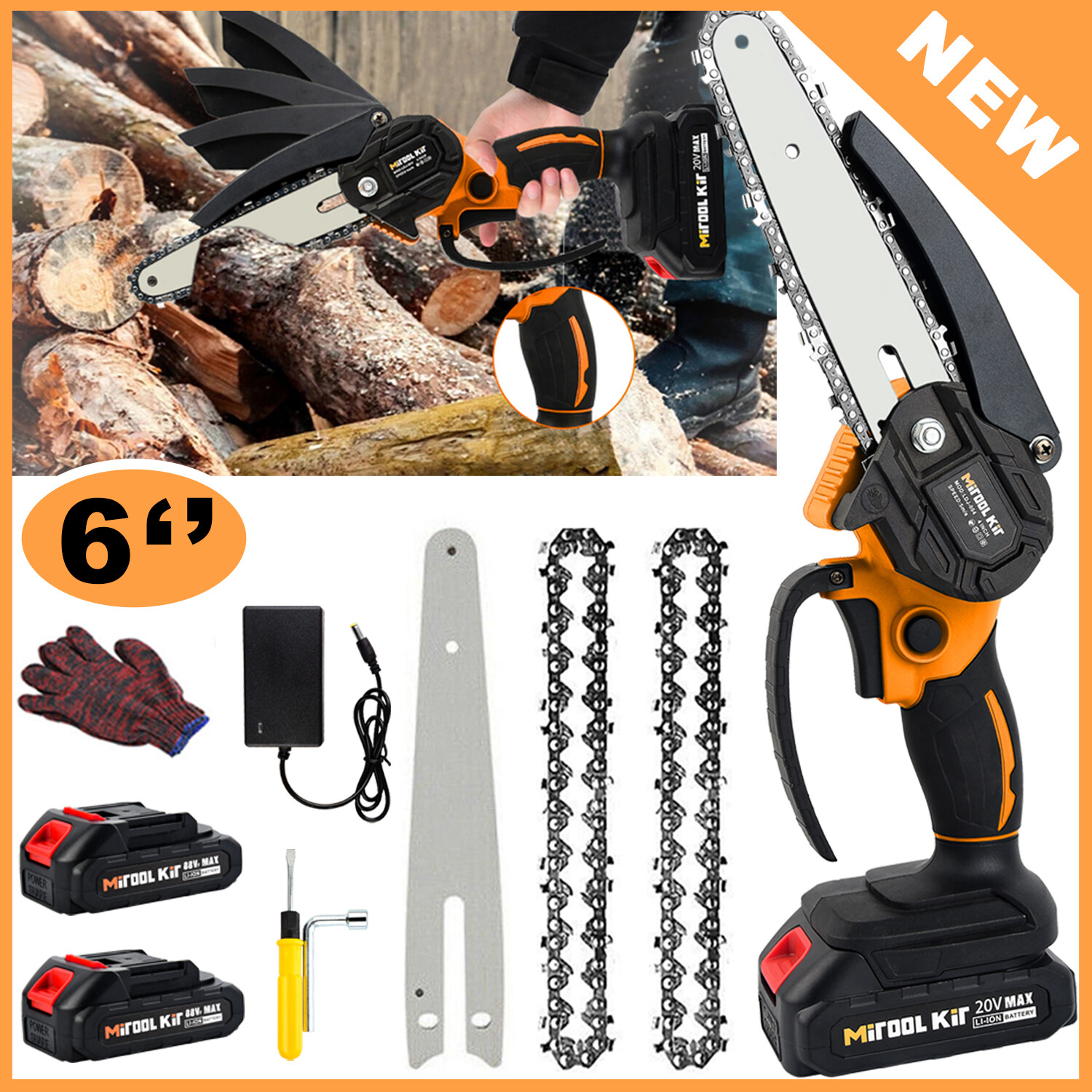 2 Battery 800W Mini Chainsaw Cordless 6inch Electric One-Hand Saw Wood Cutter