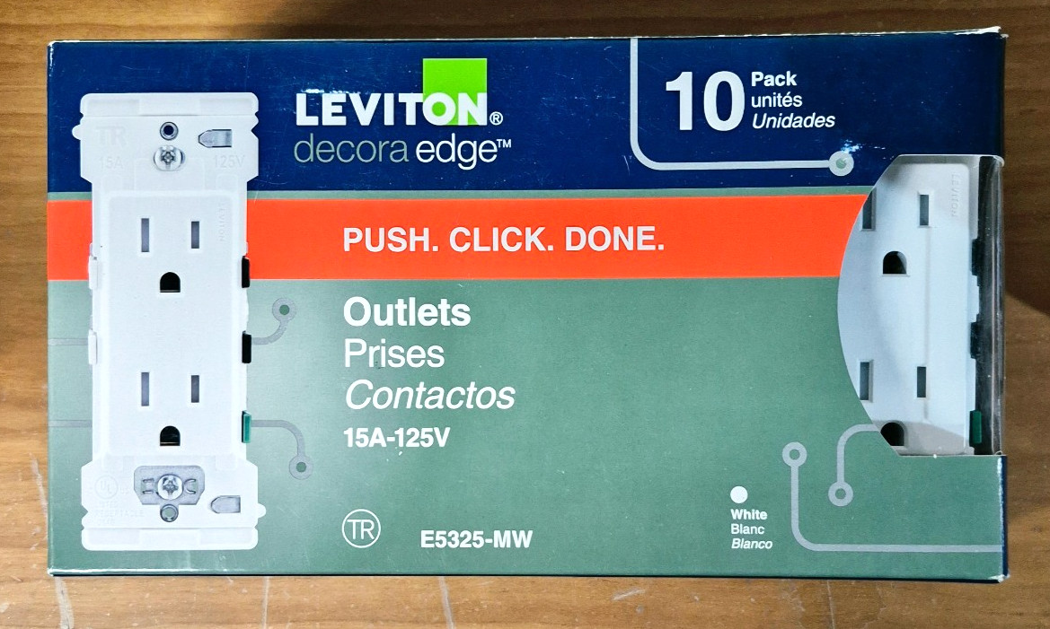 LEVITON Decora Edge Push Click Done Outlets 15A-125V White 10 Pack #E5325-MW