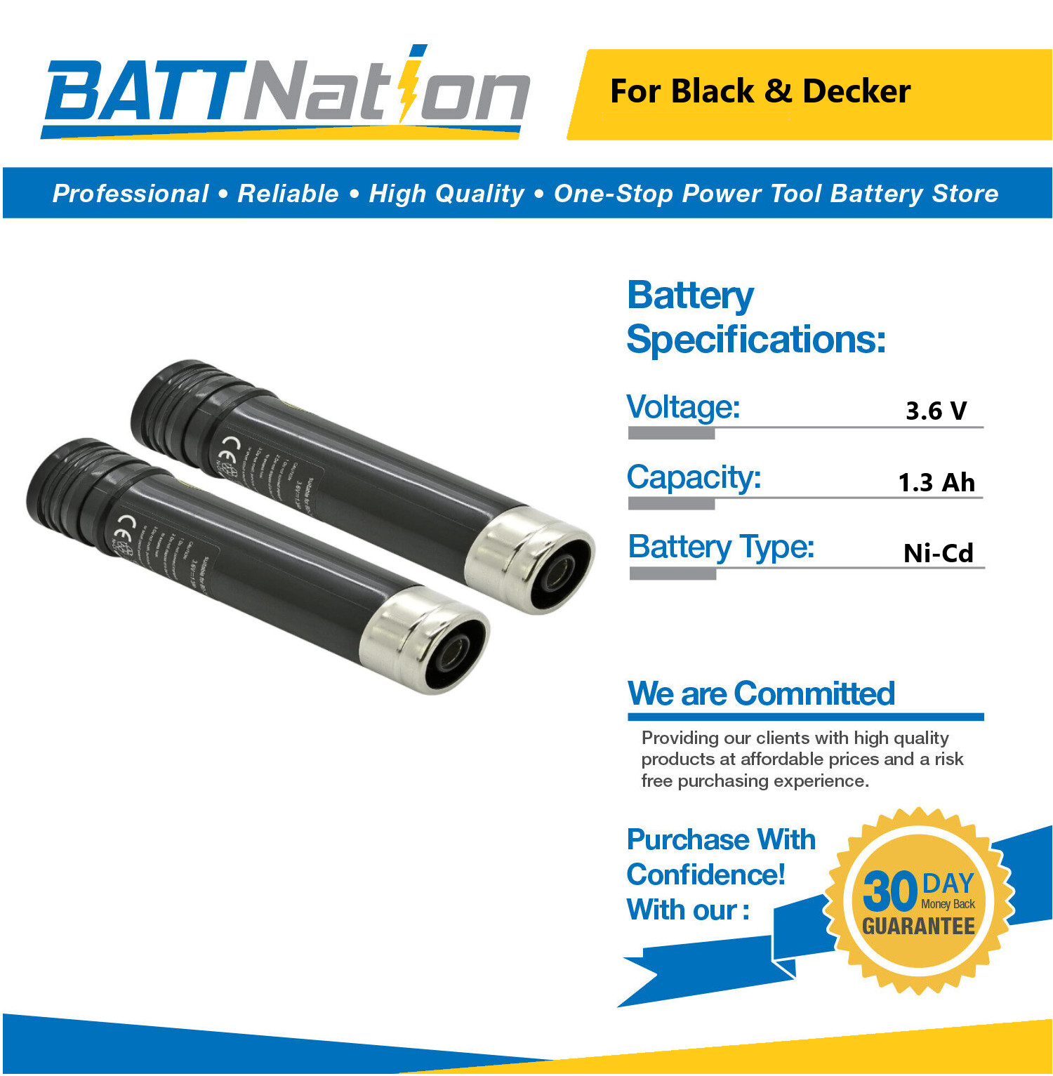 2x 3.6V 1.3Ah NiCd Battery for Black & Decker VP100, VP110, VP130, VP143