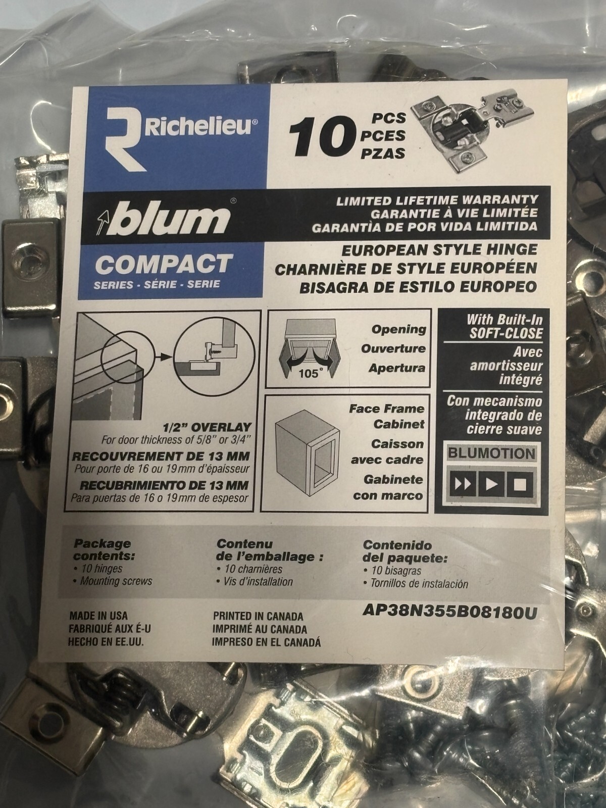 30X Blum 1/2-in Overlay Soft Close Concealed Cabinet Hinge 105 Degree European