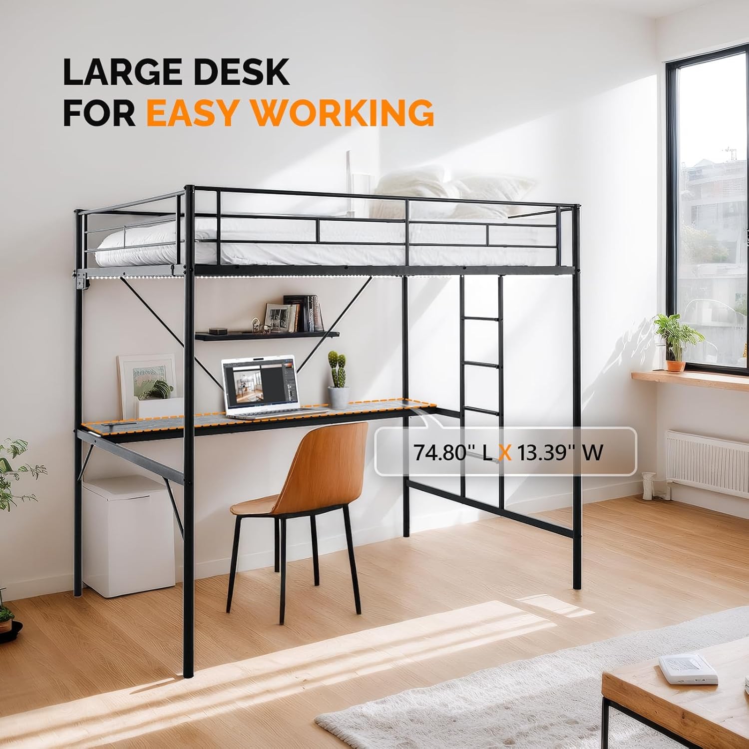 Full Size Metal Loft Bunk Bed Frame for Kids Teens Adults with Desk Underneath,2